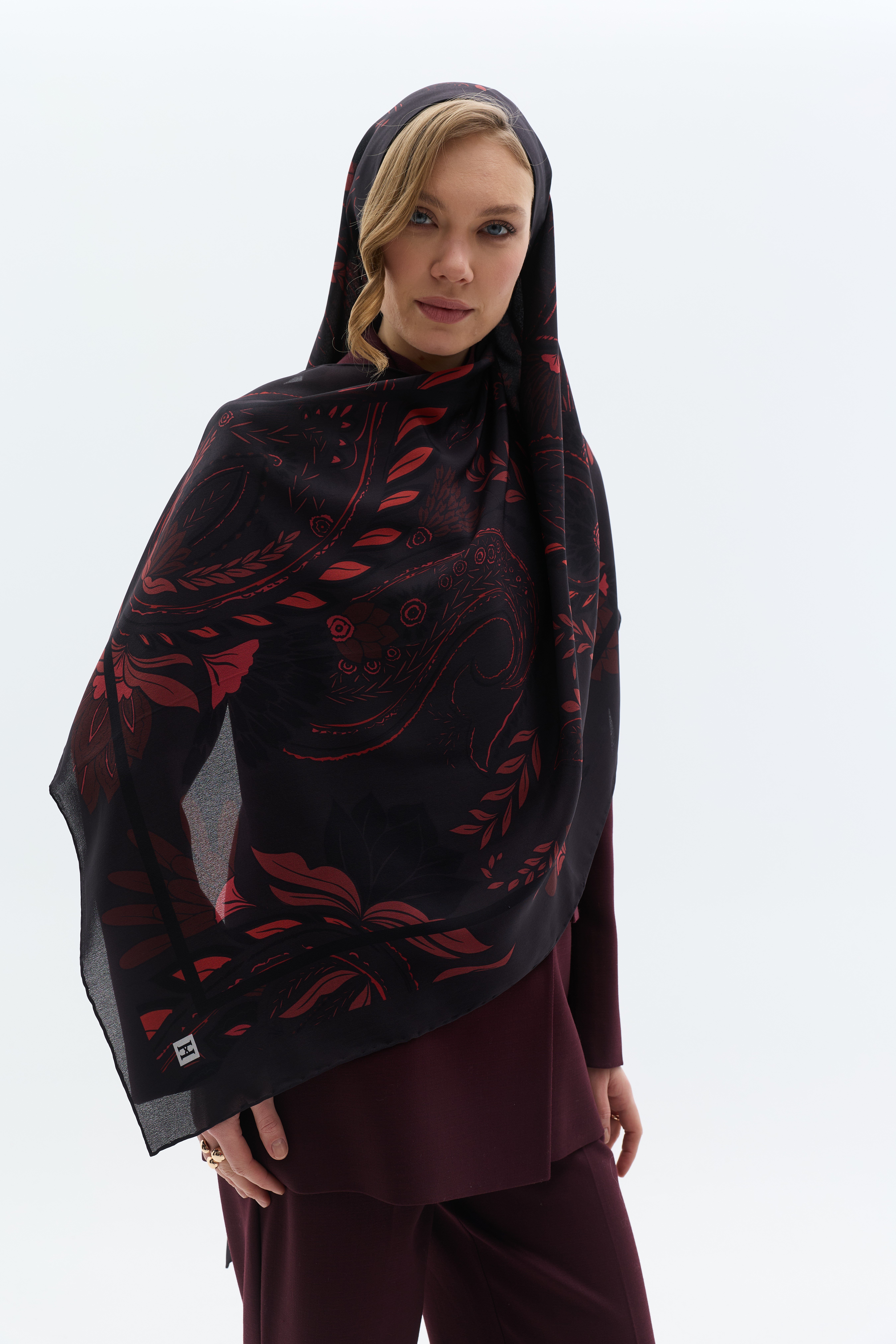 Rouge Paisley %100 Krep İpek Şal 70x190 cm