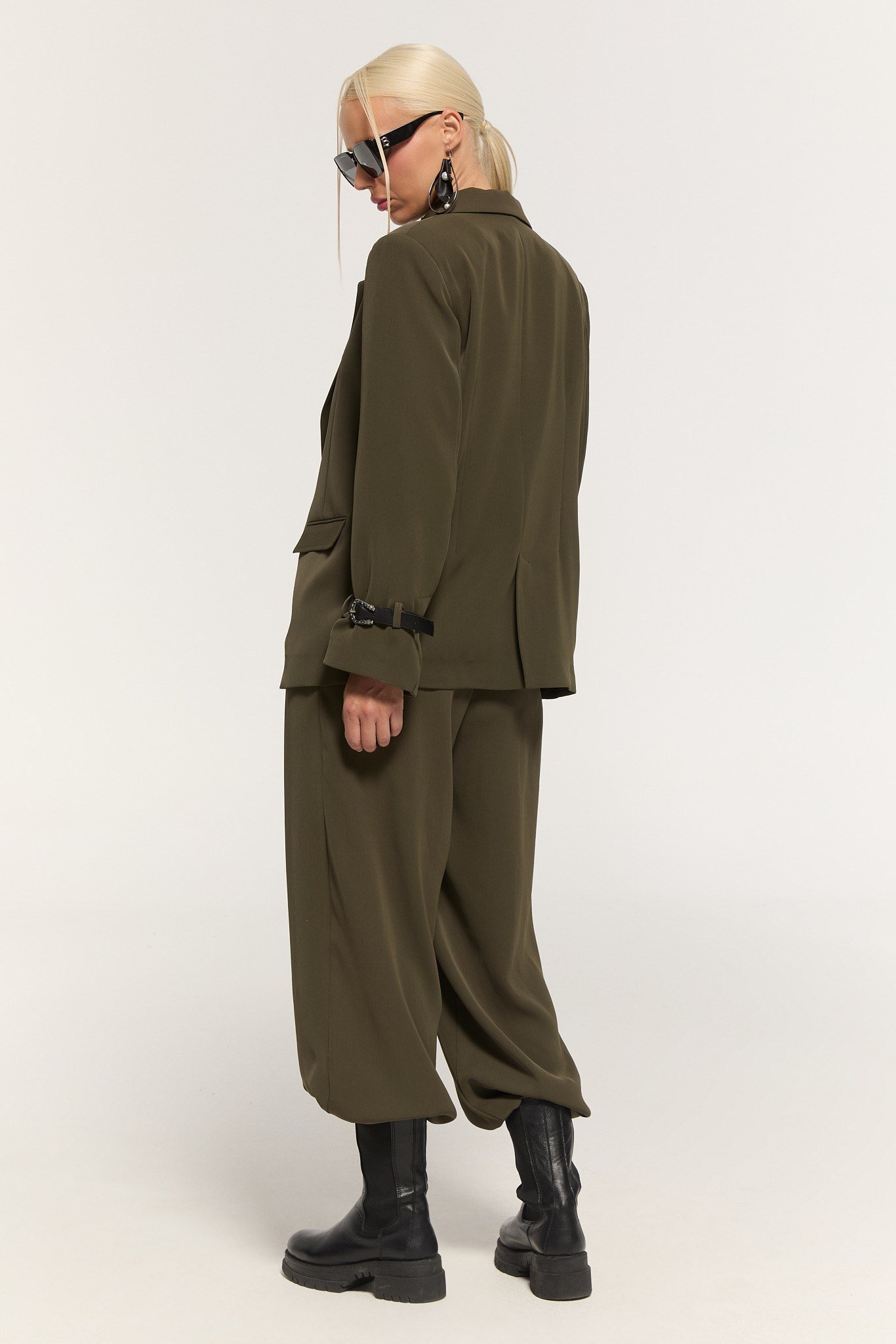 Kadın Haki Kemer Detaylı Oversize Blazer Ceket