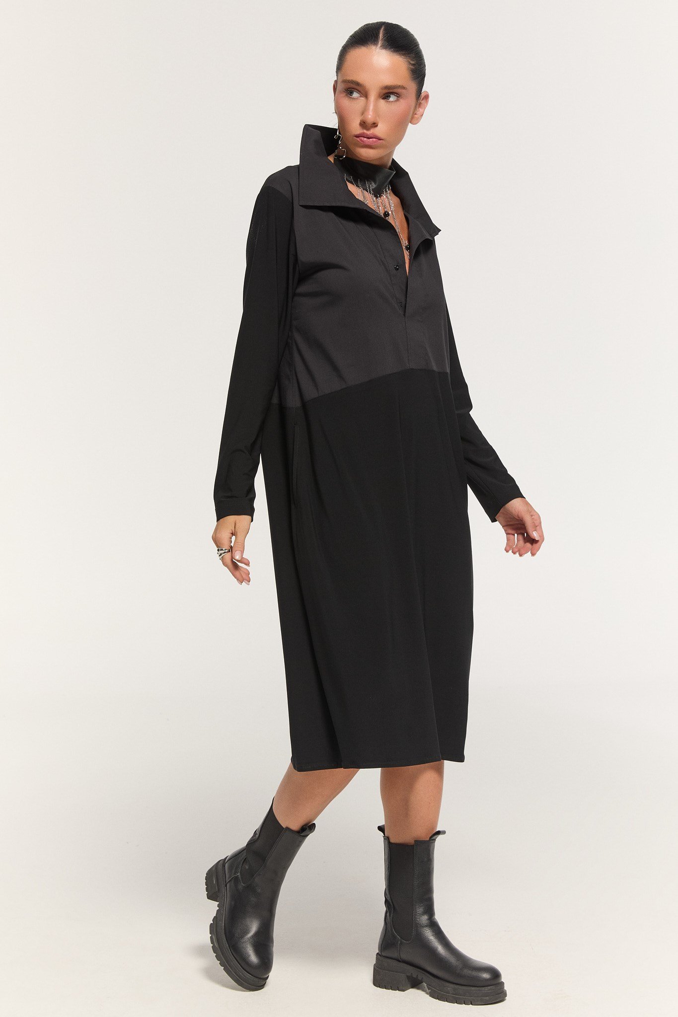 Kadın Siyah Gömlek Yaka Oversize Midi Elbise