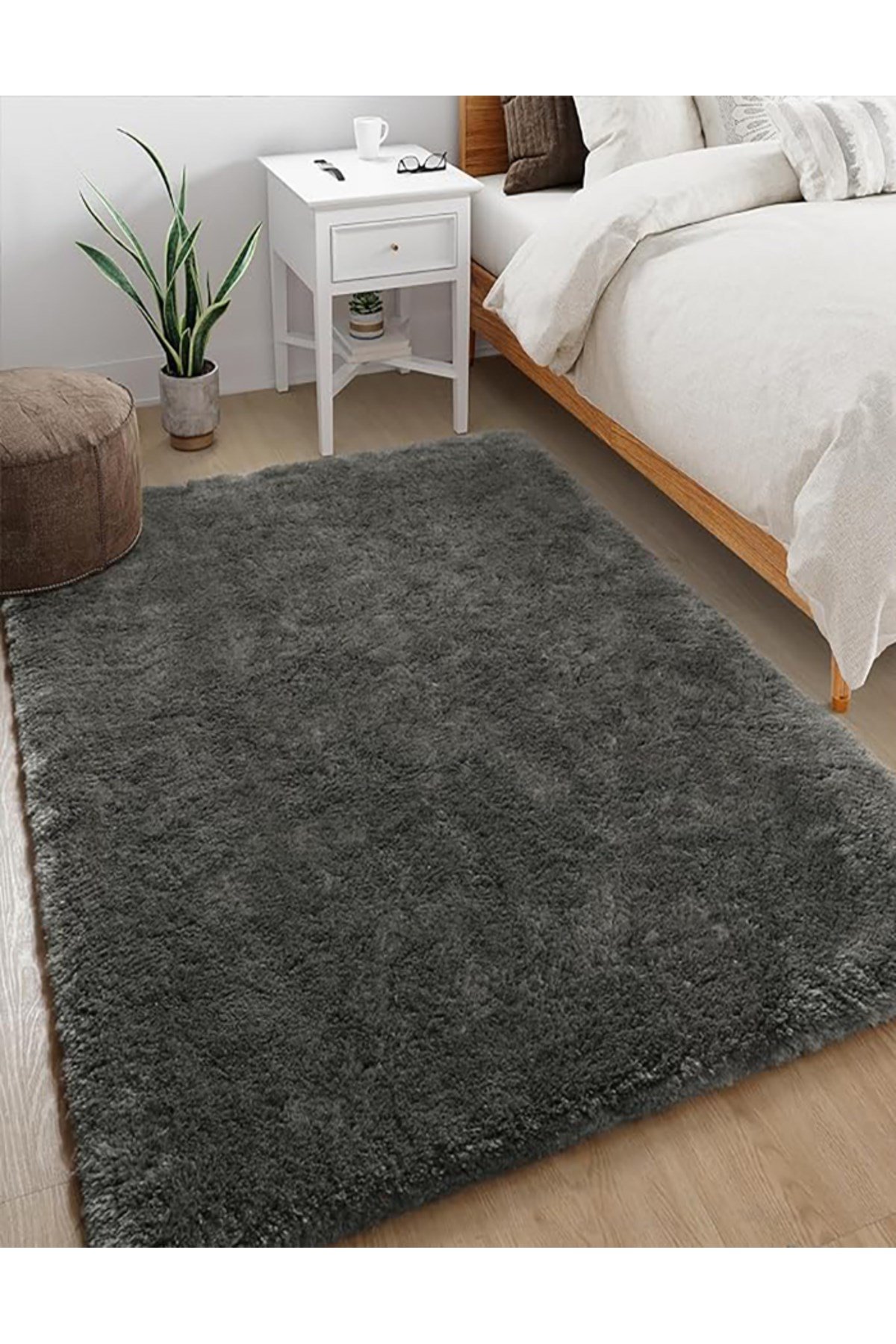 Antrasit Post Peluş Halı Yolluk Yumuşak Tüy Puffy Kaymaz Özel Taban Dekoratif Yıkanabilir Modern