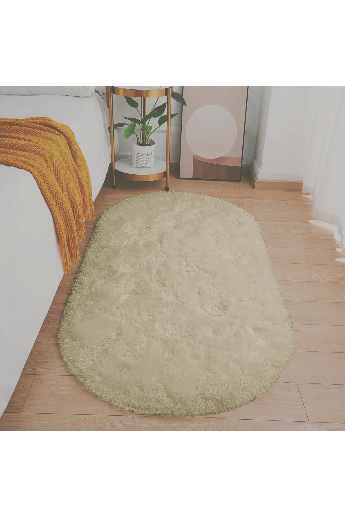 Bej Oval Post Halı Peluş Yumuşak Kaymaz Dot Taban Antibakteriyel Makinada Yıkanabilir Yolluk