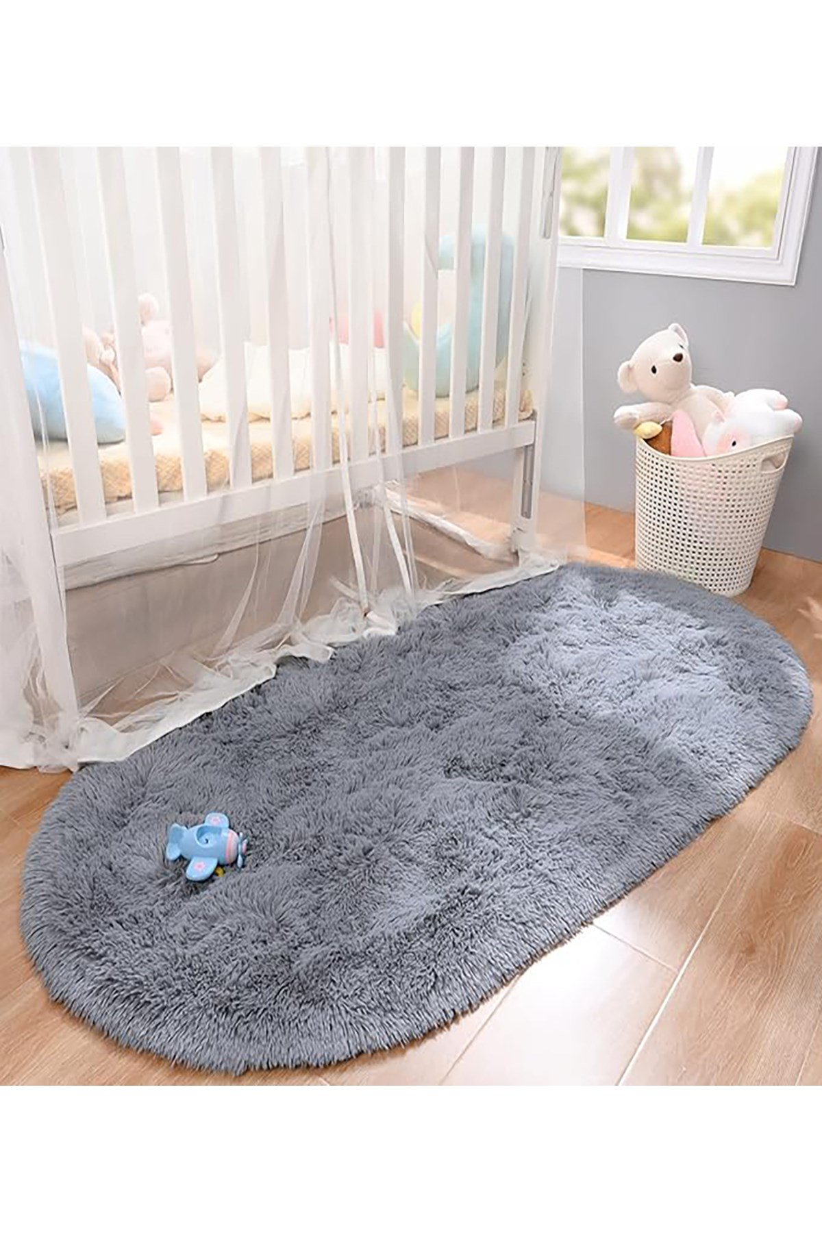Gri Oval Peluş Post Halı Yolluk Yumuşak Tüylü Puffy Kaymaz Taban Dekoratif Yıkanabilir Modern