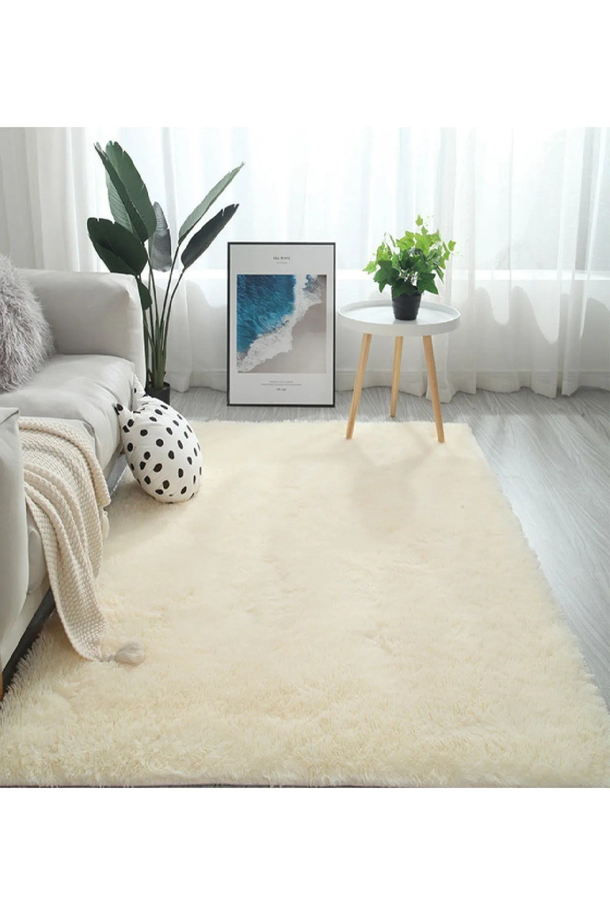 Krem Post Peluş Halı Yolluk Yumuşak Tüylü Puffy Kaymaz Özel Taban Dekoratif Yıkanabilir Modern