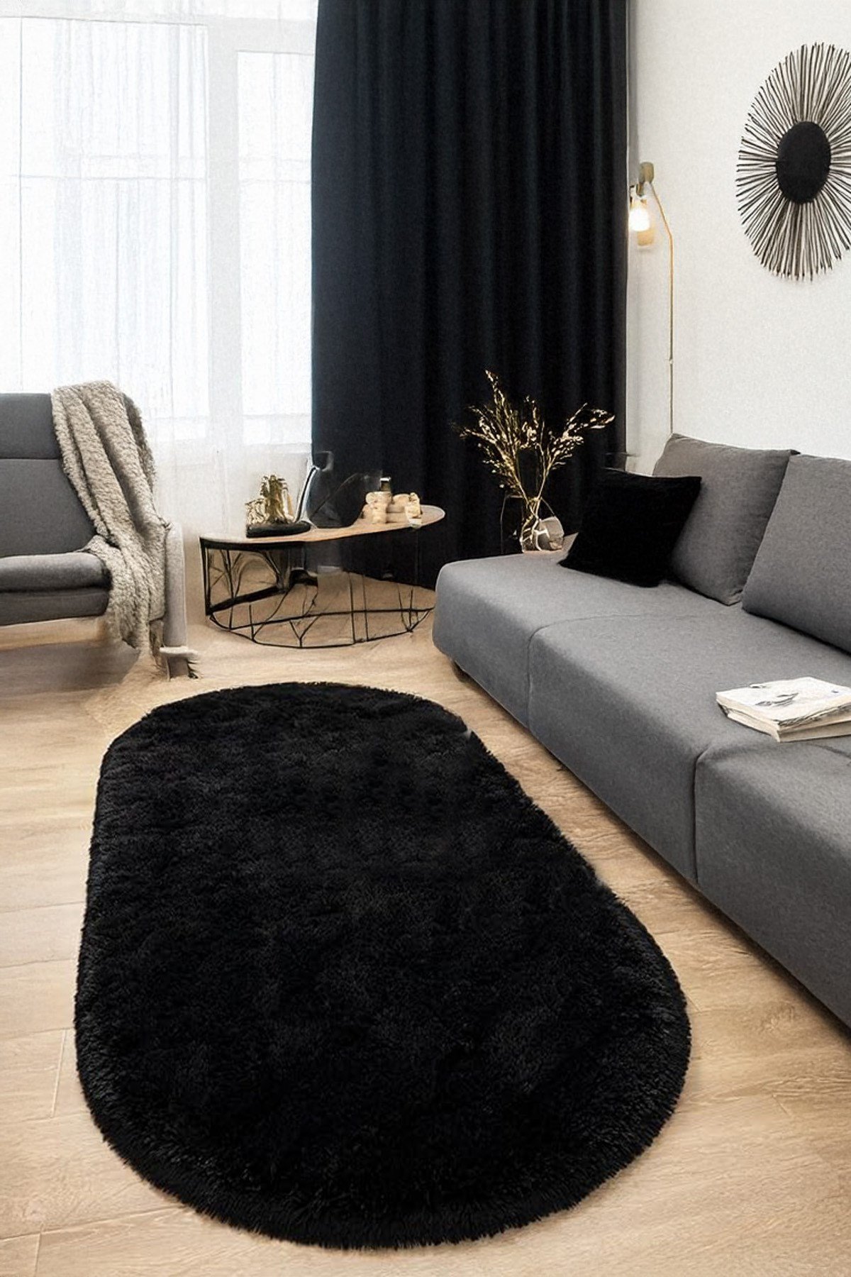 Siyah Oval Peluş Post Halı Yolluk Yumuşak Tüylü Puffy Kaymaz Taban Dekoratif Yıkanabilir Modern