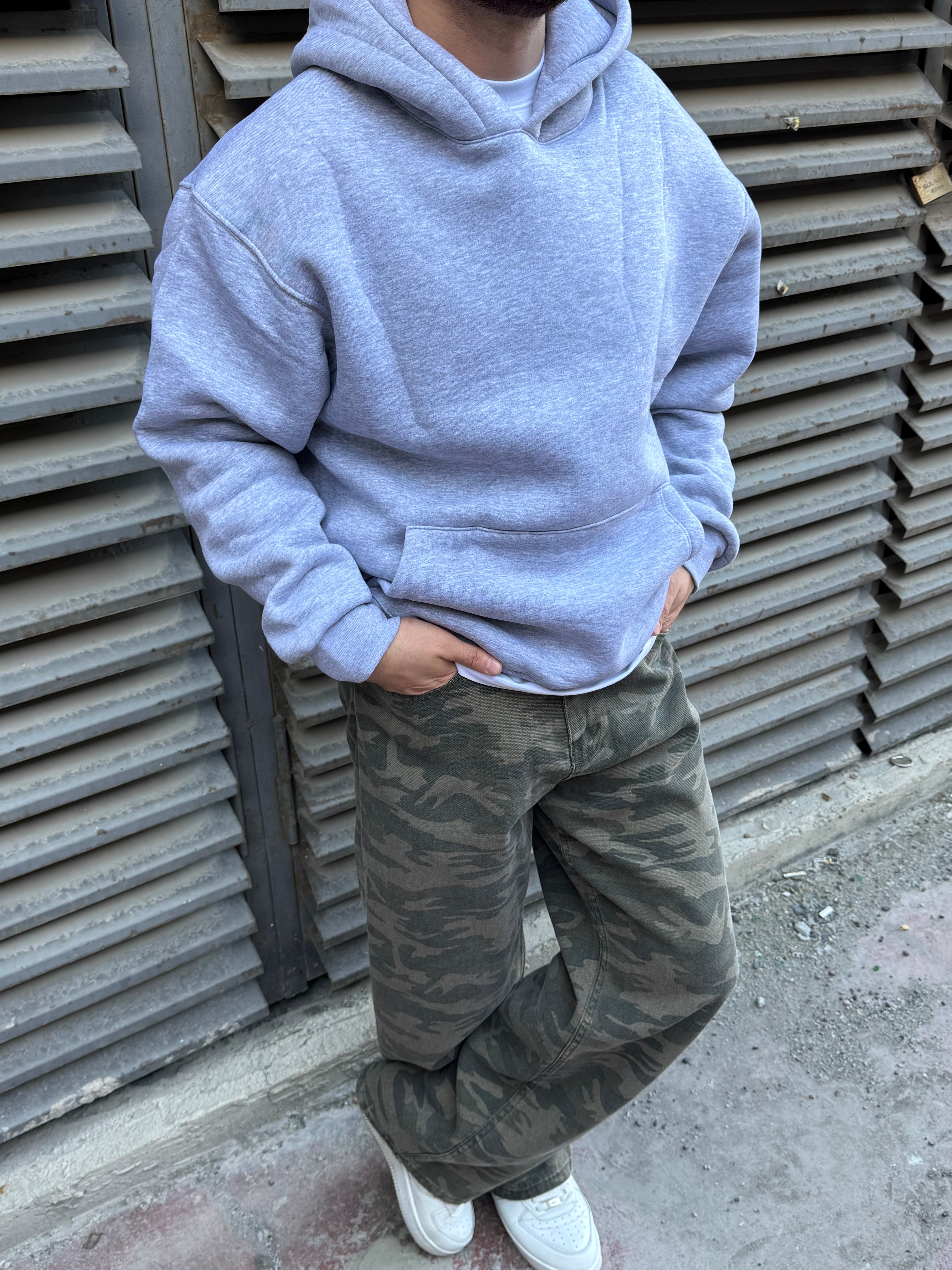 Basic Gri Kapşonlu Hoodie