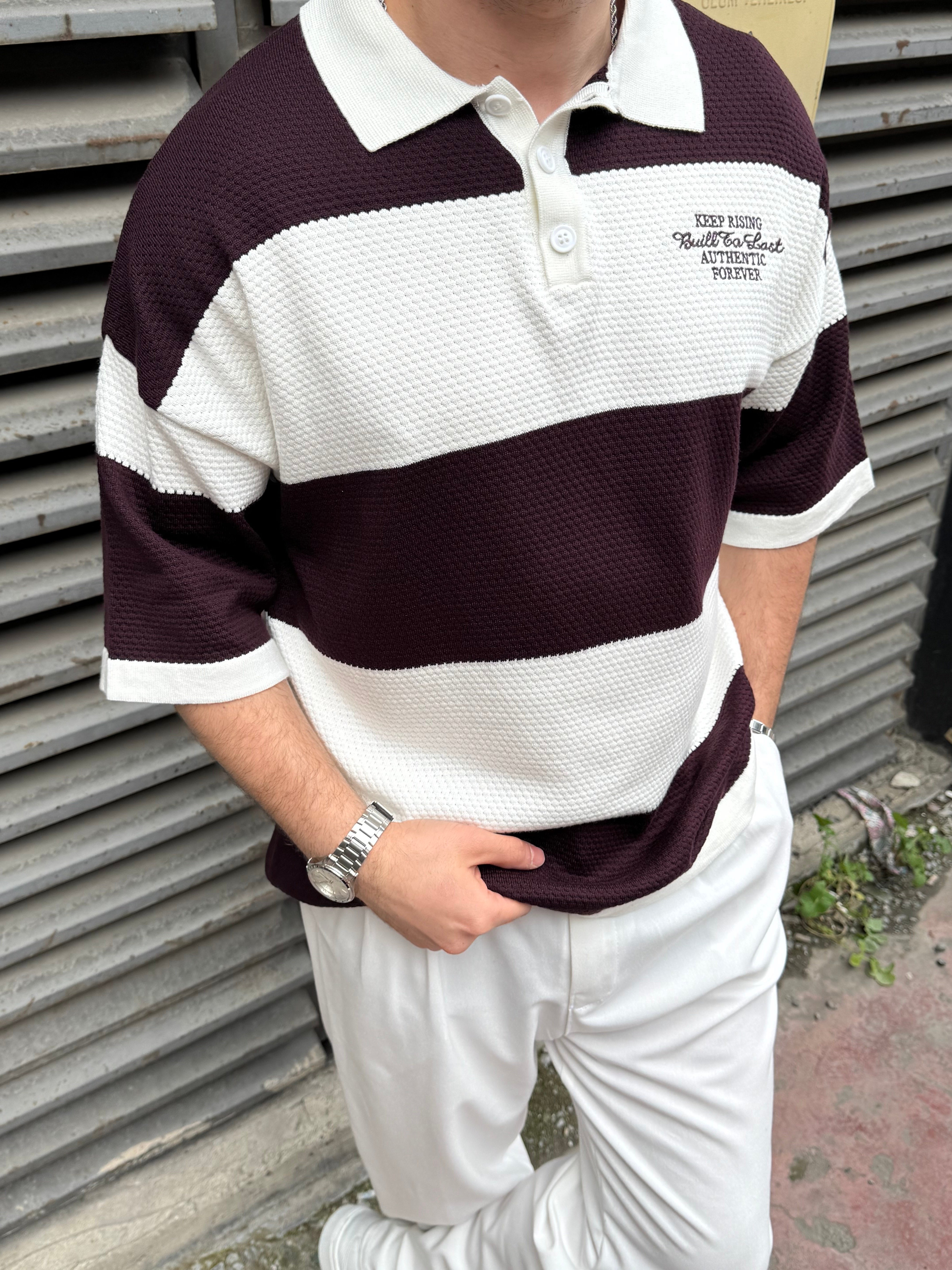 Çizgili Bordo Yakalı Triko T-Shirt