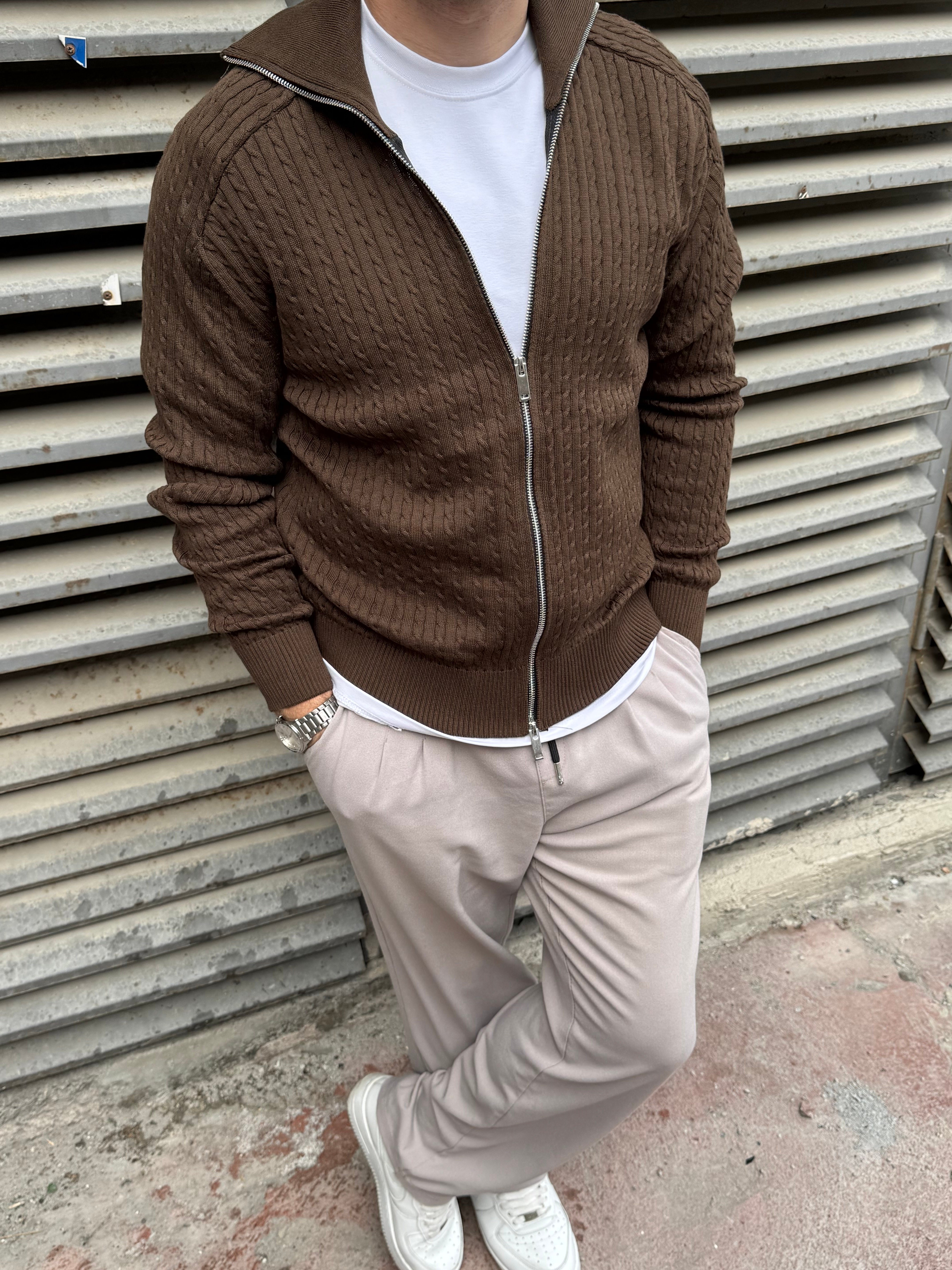 Kahve Çift Fermuarlı Örme Hırka