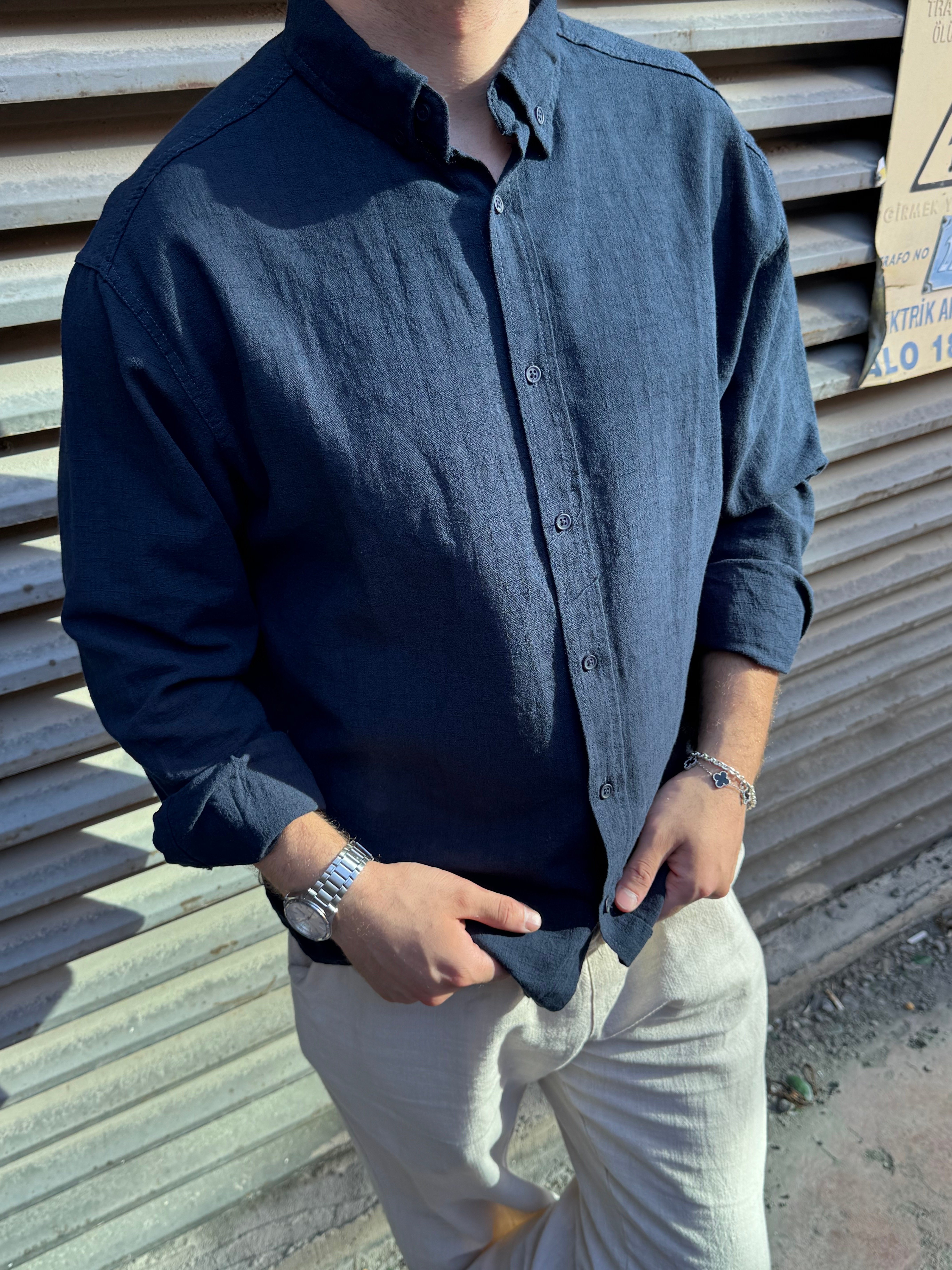 Lacivert Regular Fit Keten Gömlek 