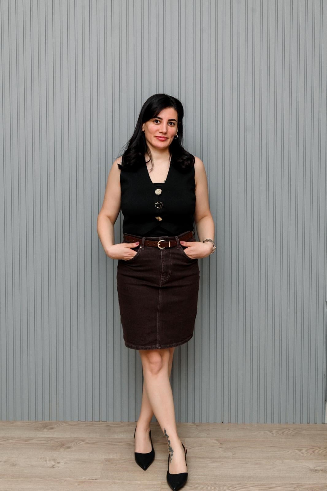 Yüksek Bel Likralı Kahverengi Denim Etek