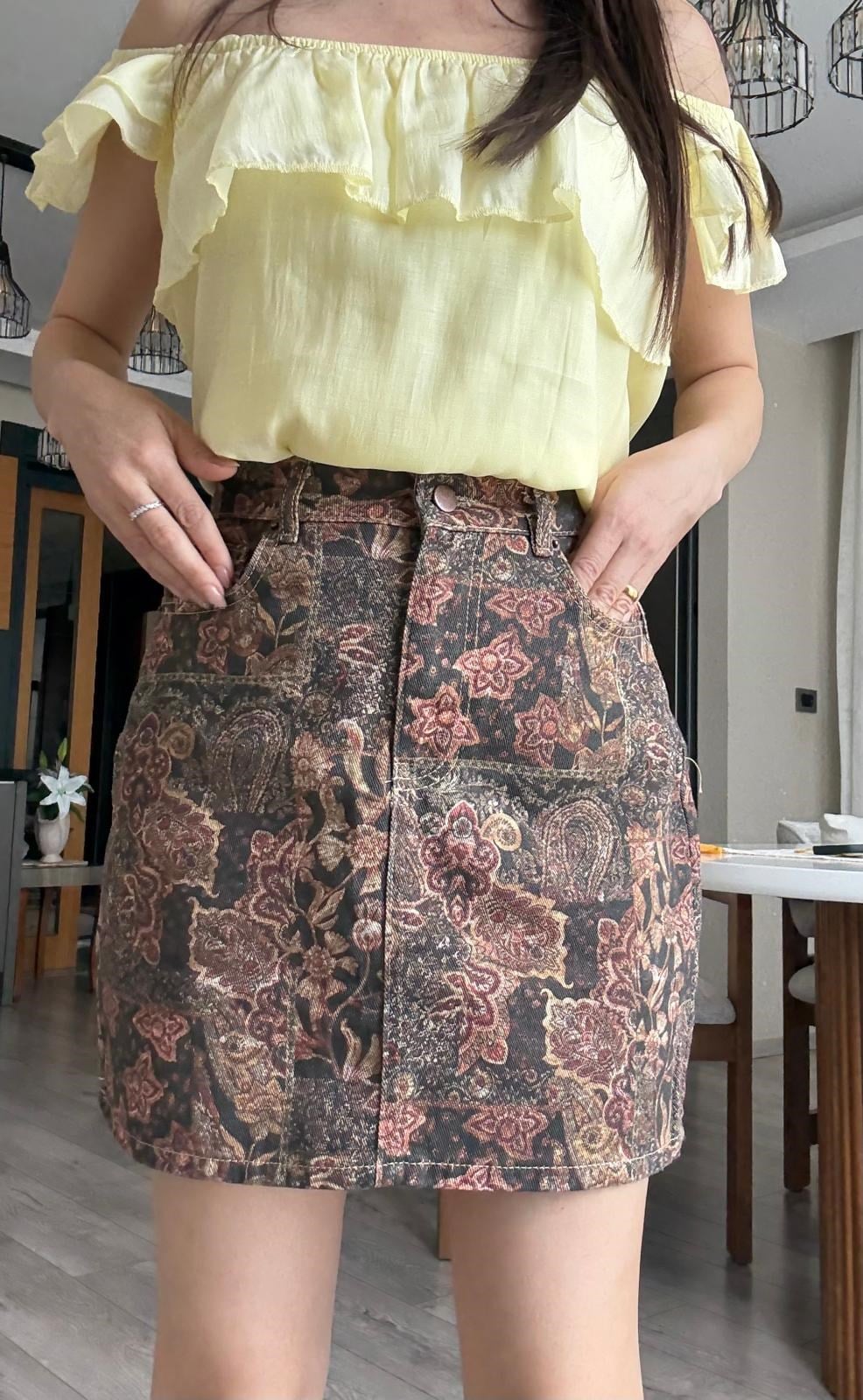 Bordo Siyah Çiçekli Kot Etek