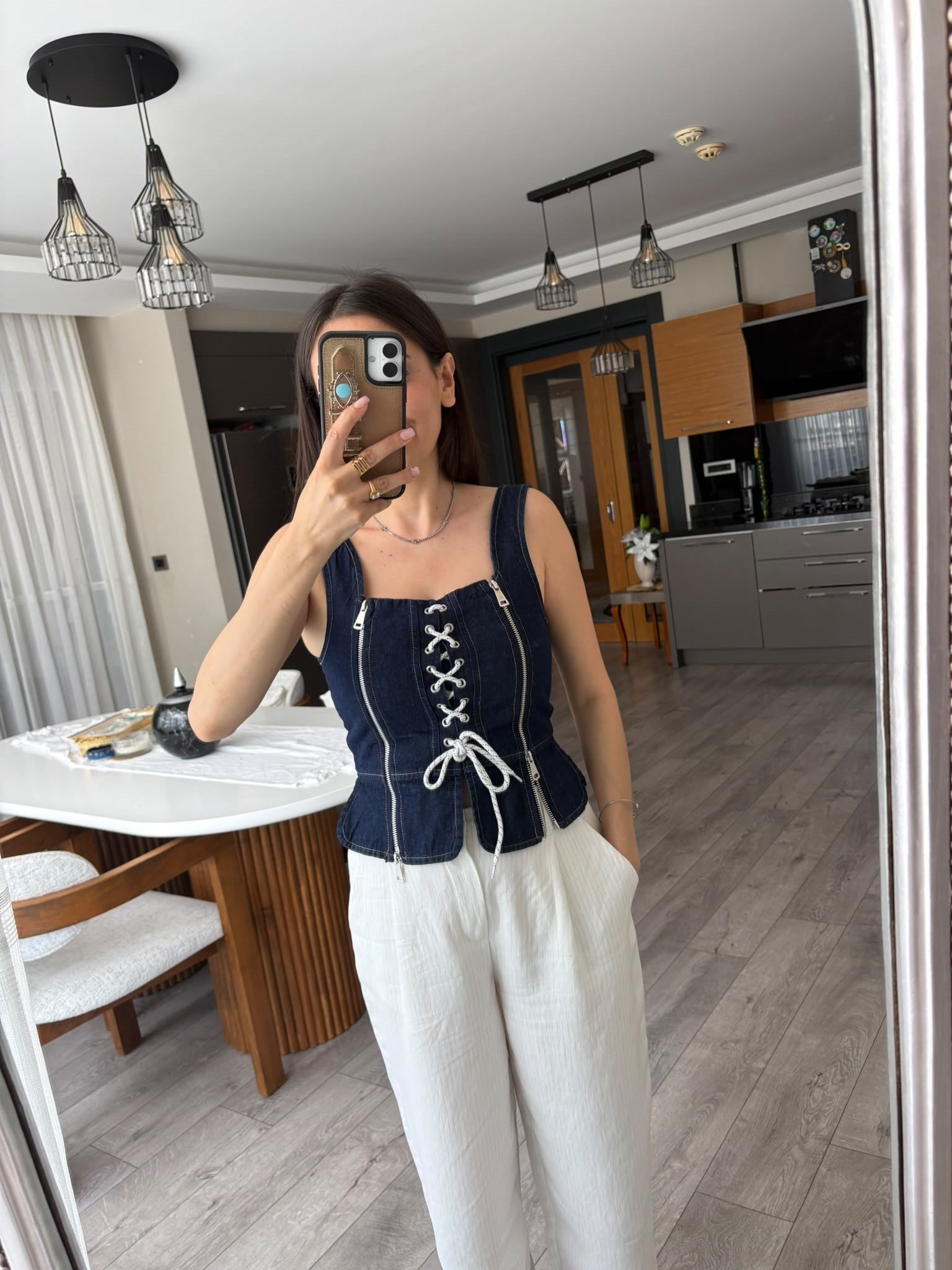 Koyu Mavi Çift Fermuarlı & Bağcıklı Denim Korse Büstiyer 