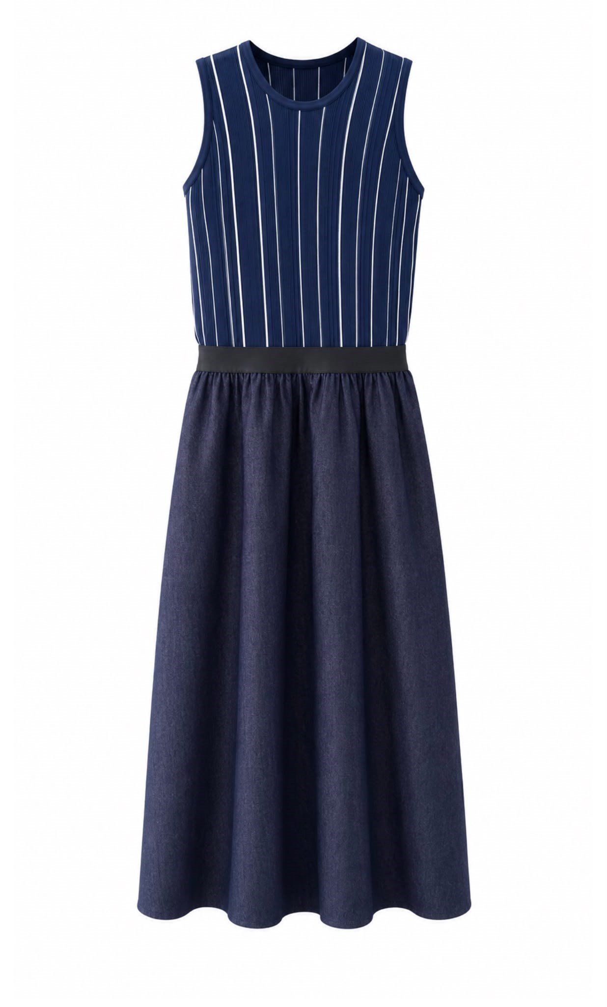 Lacivert Çizgili Çift Parça Görünümlü & Denim Midi Elbise