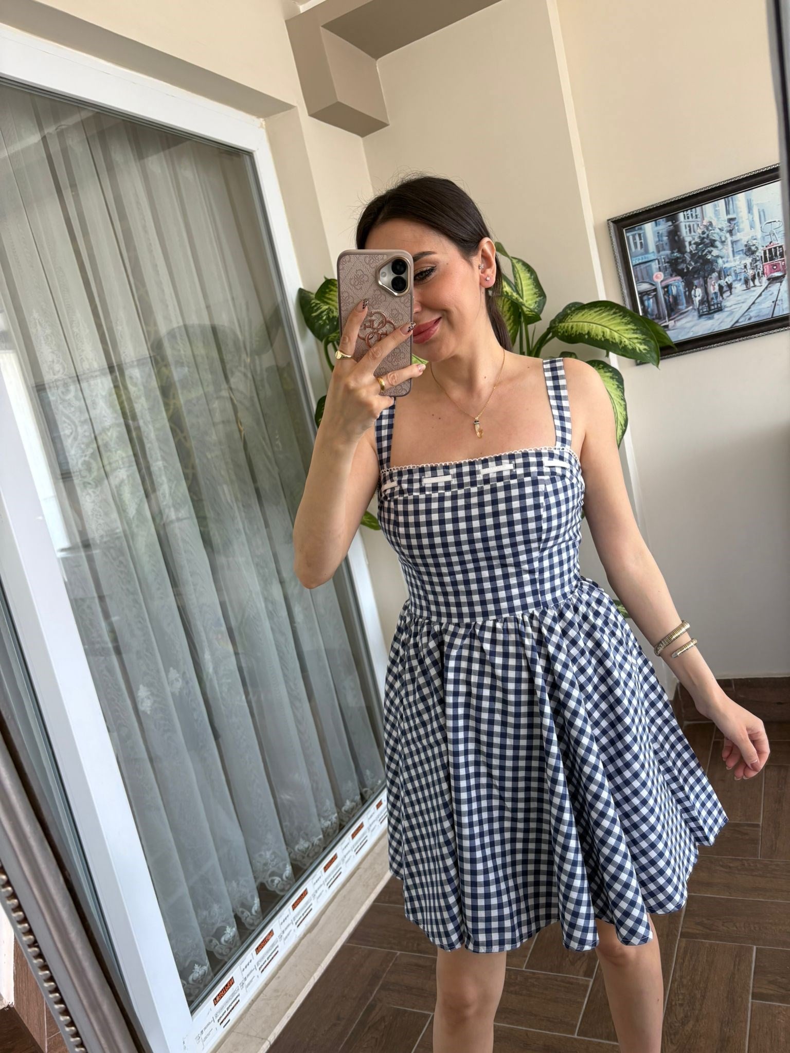 Lacivert Pötikare Askılı Elbise