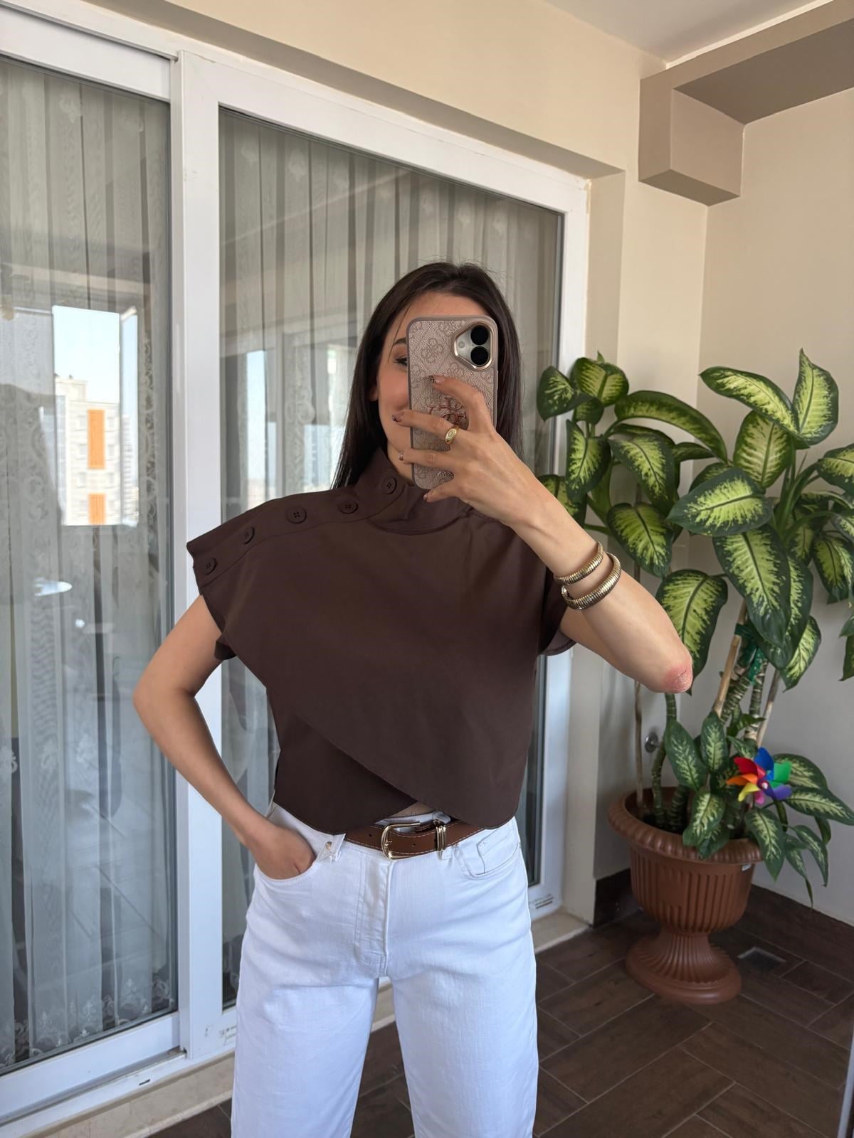 Omuz Düğmeli Poplin Gömlek