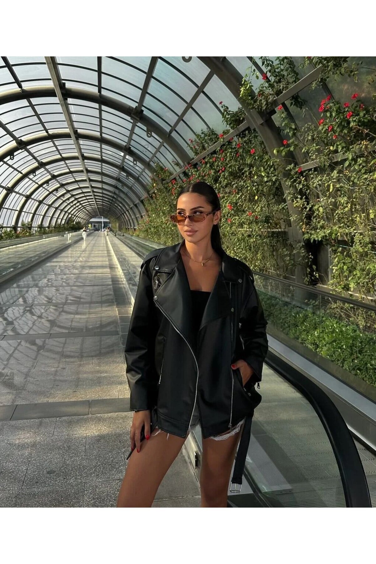 Kadın Oversize Toka Detaylı Deri Ceket