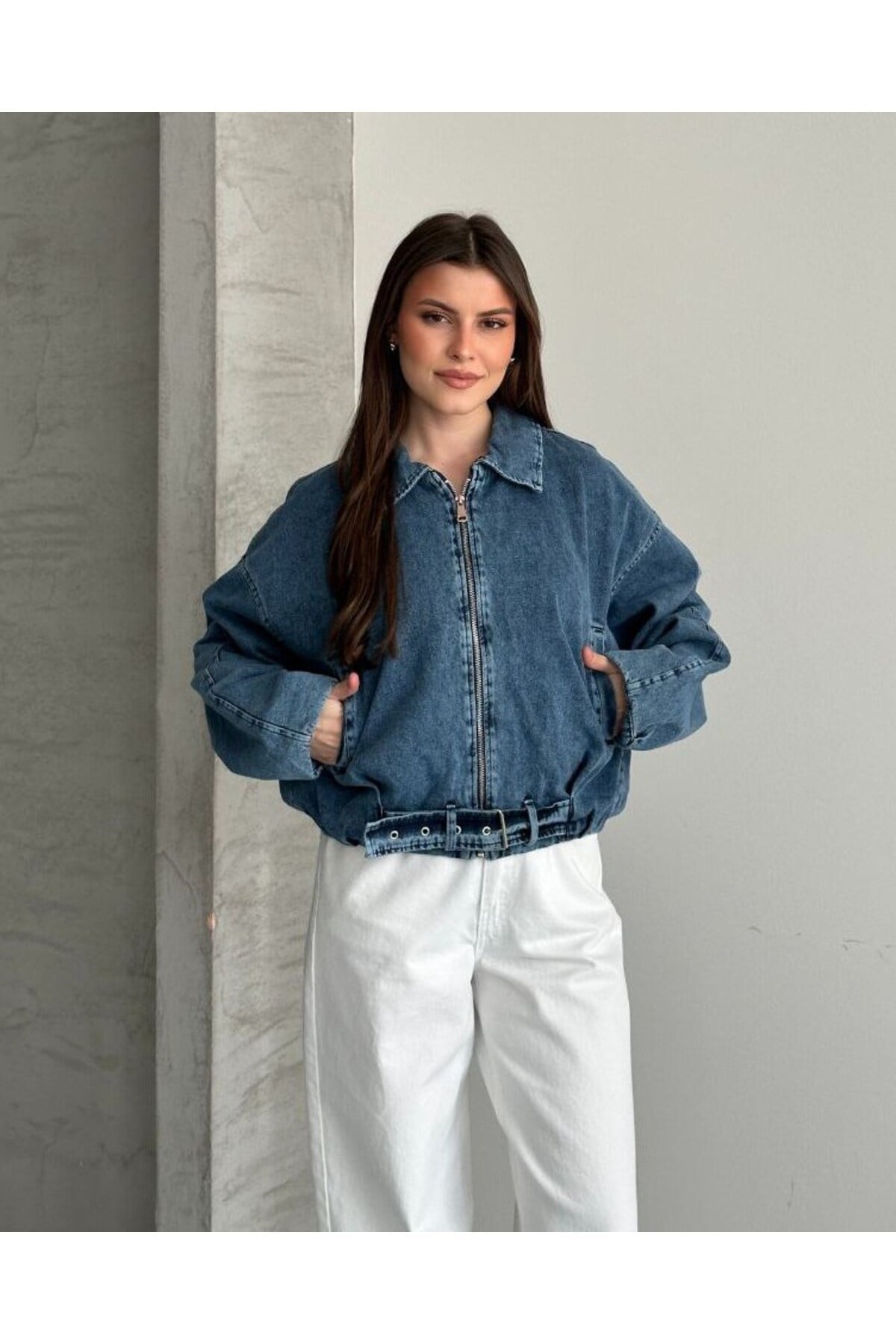 Kemer Detaylı Oversize Jean Kot Ceket