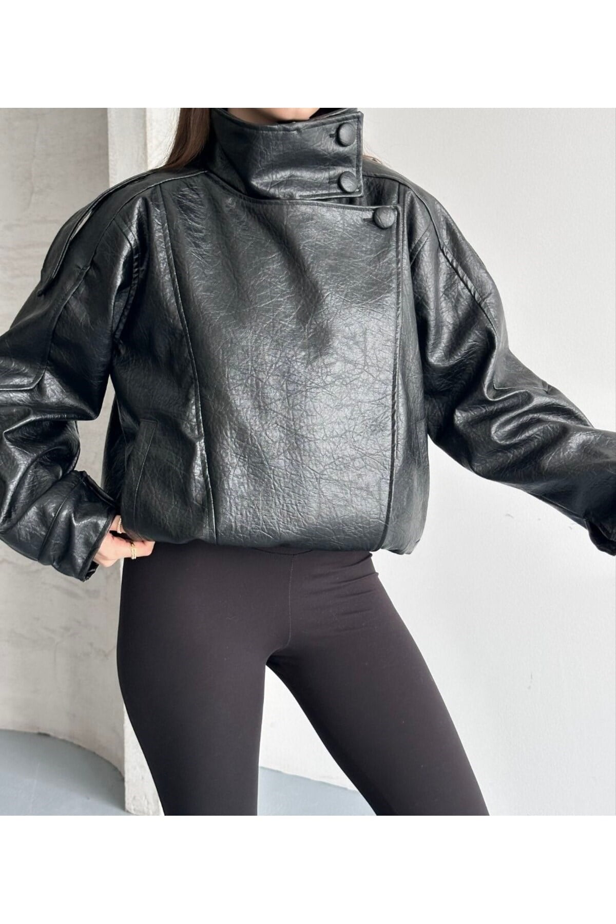 ZR Viral Oversize Urban Style Yüksek Yaka Kadın Deri Ceket