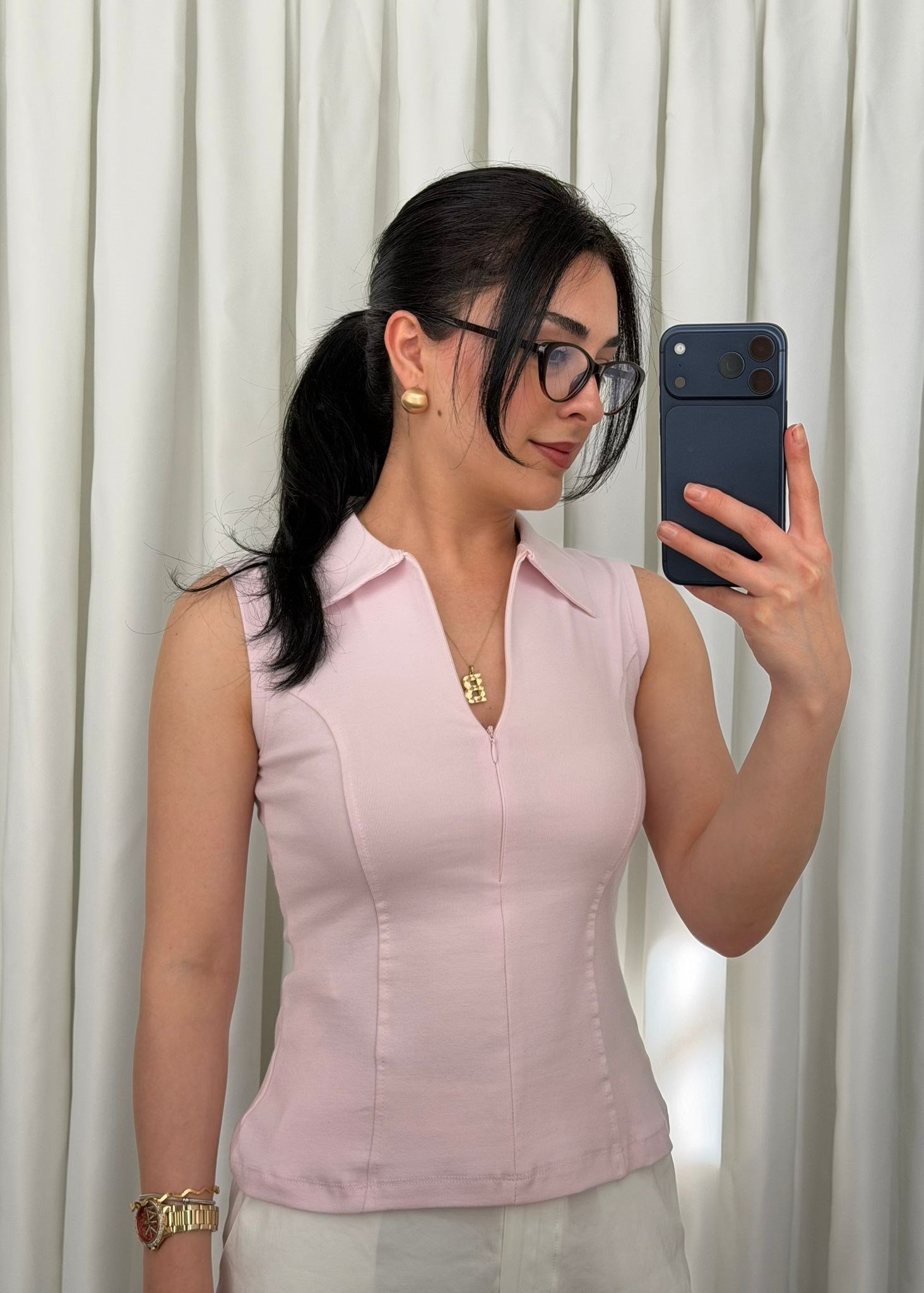 Fermuarlı Pembe Bluz