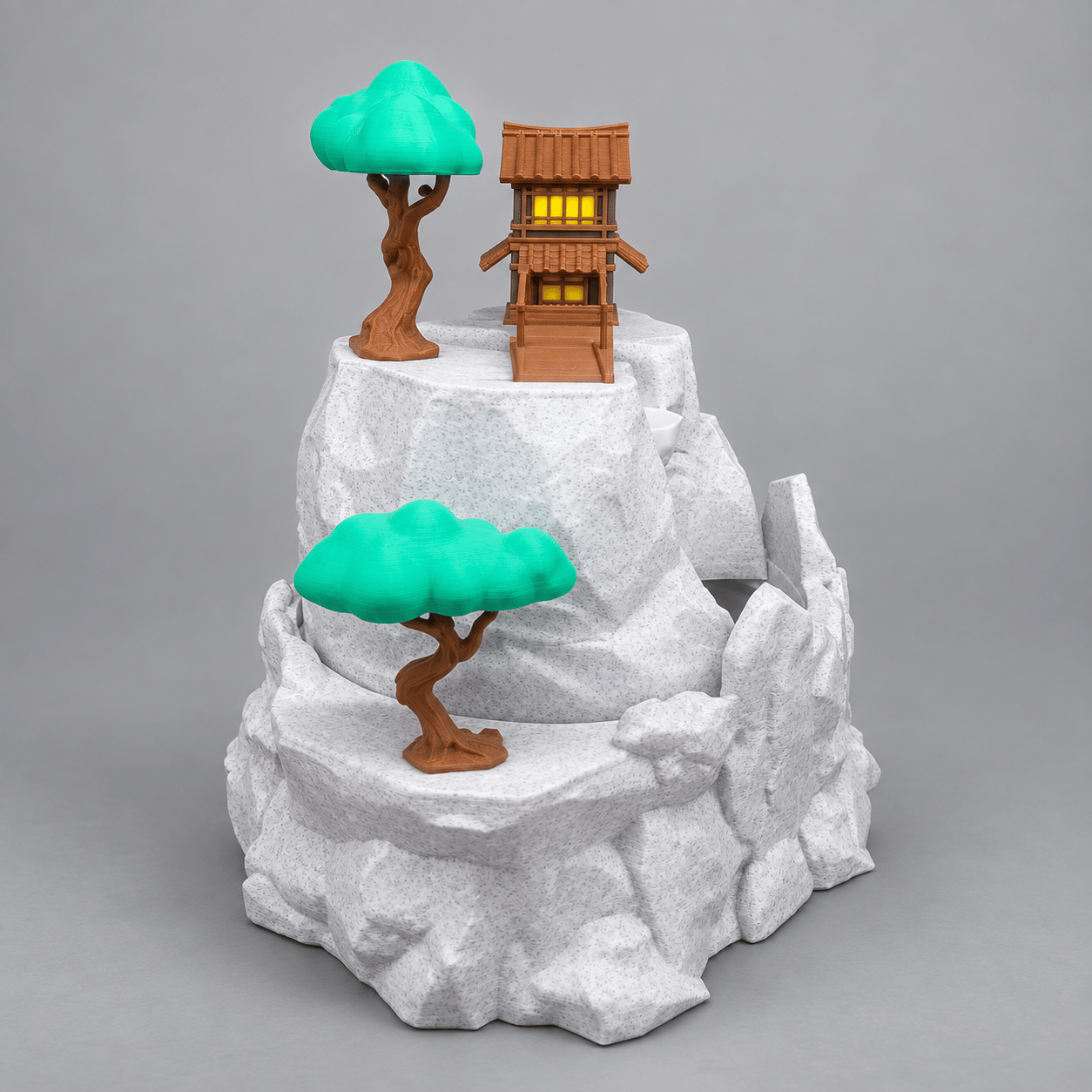 Dağ Evi ve Köprü Temalı Kablolu 3D PLA Dekoratif Şelale