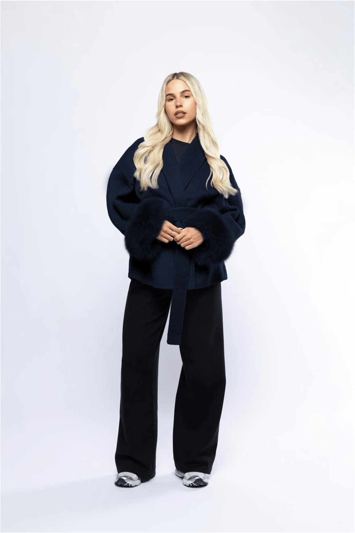 THE CHELSEA FUR CUFF SHORT COAT - NAVY