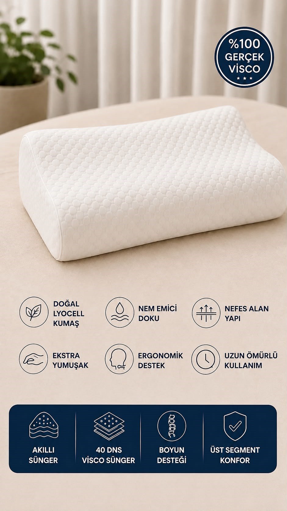 Norel Premium Ortopedik Visco Boyun Yastığı Çift Boyun Destekli 60x40x12/10 cm