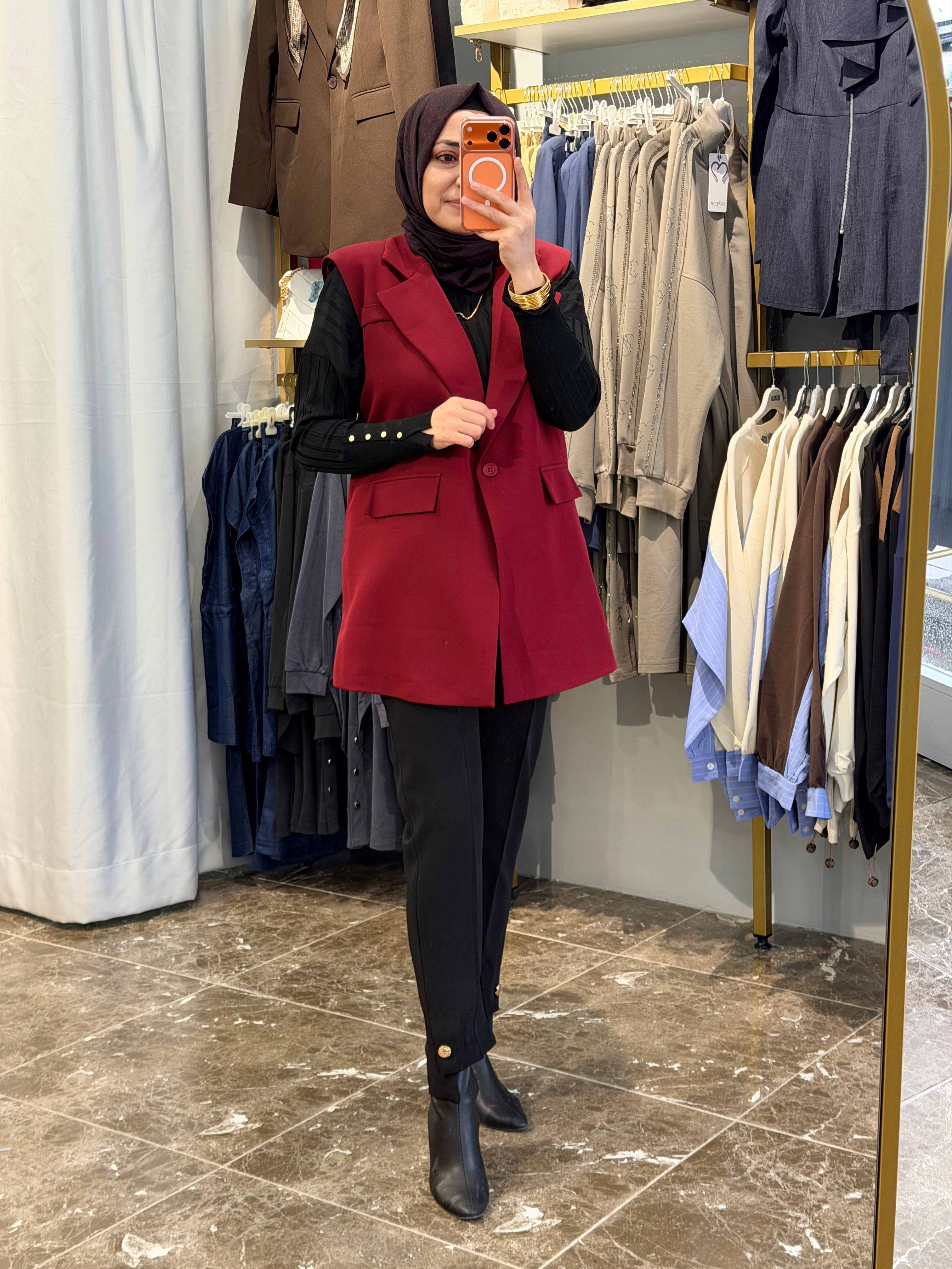 2085 Kemerli Double Yelek | Bordo