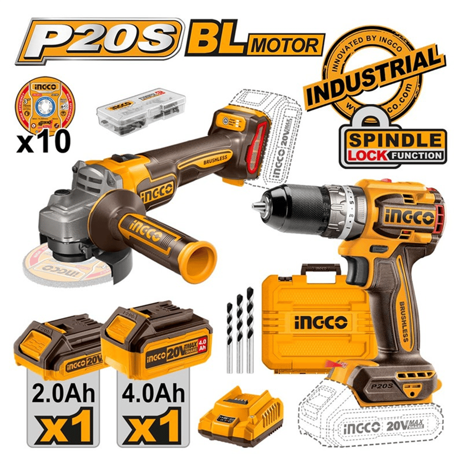 Kömürsüz Li-ion Akülü 2 li Kombo Set - Matkap ve Avuç Taşlama  20V 2.0/4.0 Ah
