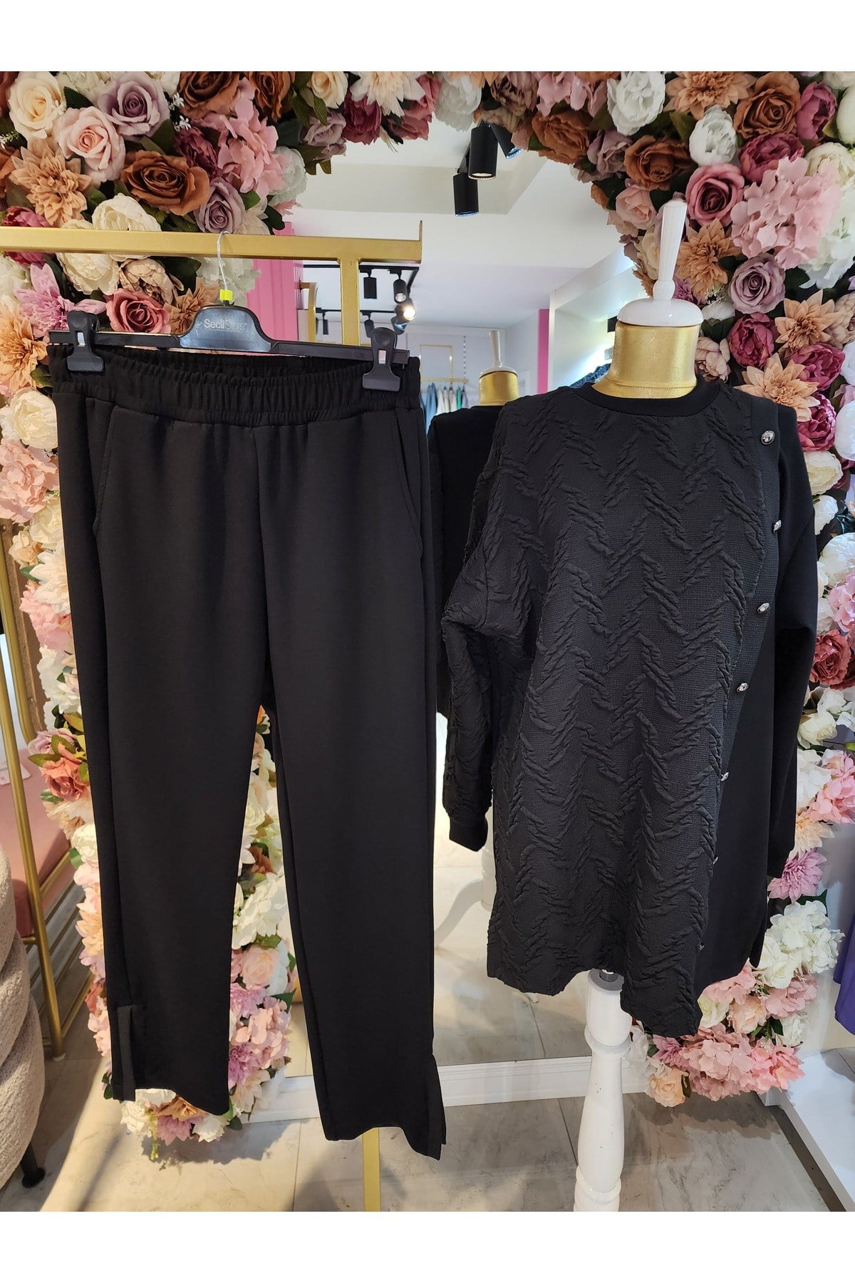 Gala-Xi sweatshirt önü kabartmalı ikili takım siyah kadın