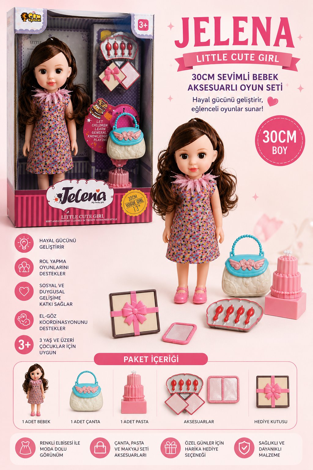 Aksesuarlı Kız Oyuncak Bebek 30 CM – Jelena Moda Bebek Seti