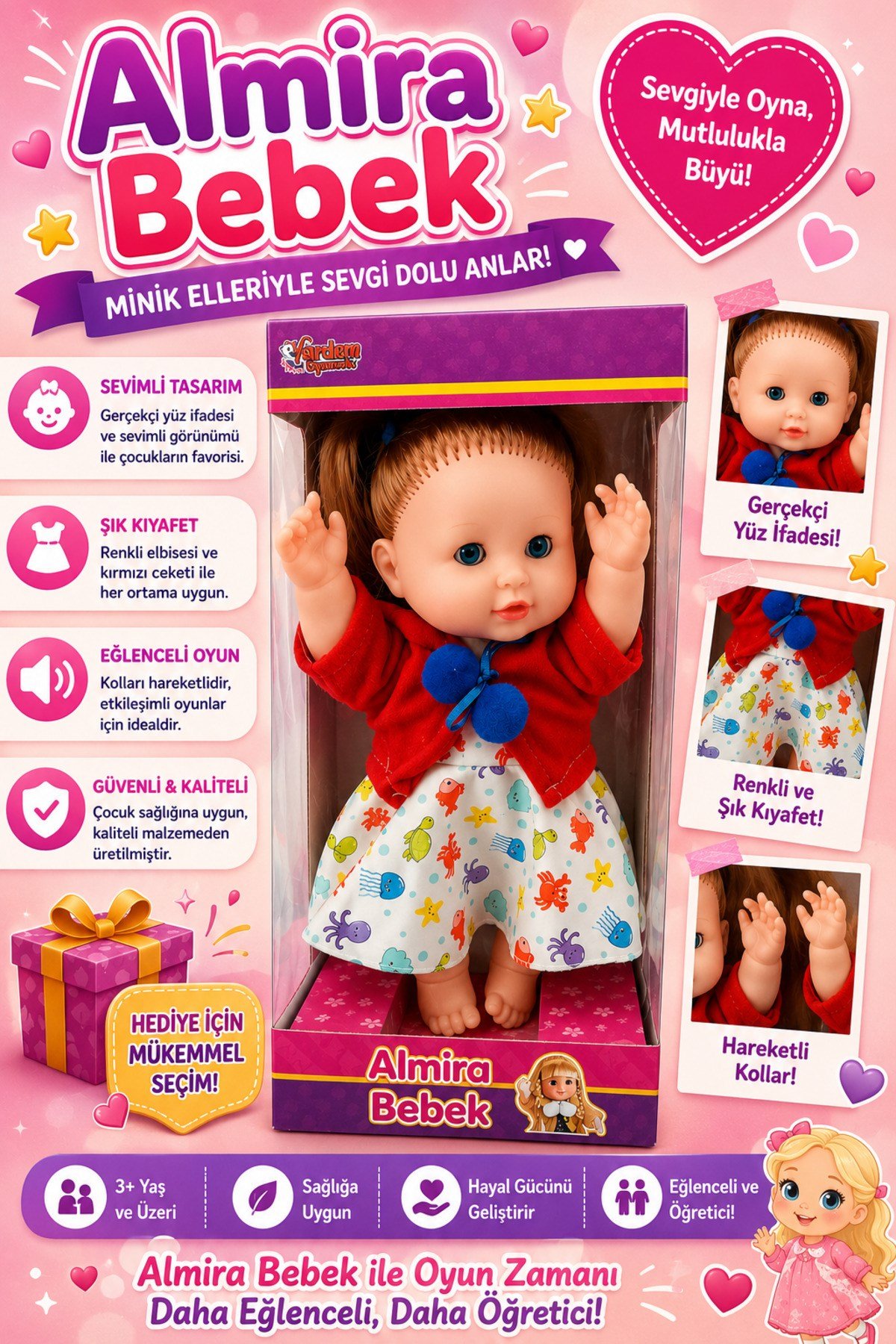 Almira Bebek Hareketli Kollu Oyuncak Bebek 3+ Yaş Eğitici Kız Çocuk Oyuncağı Şık Kıyafetli