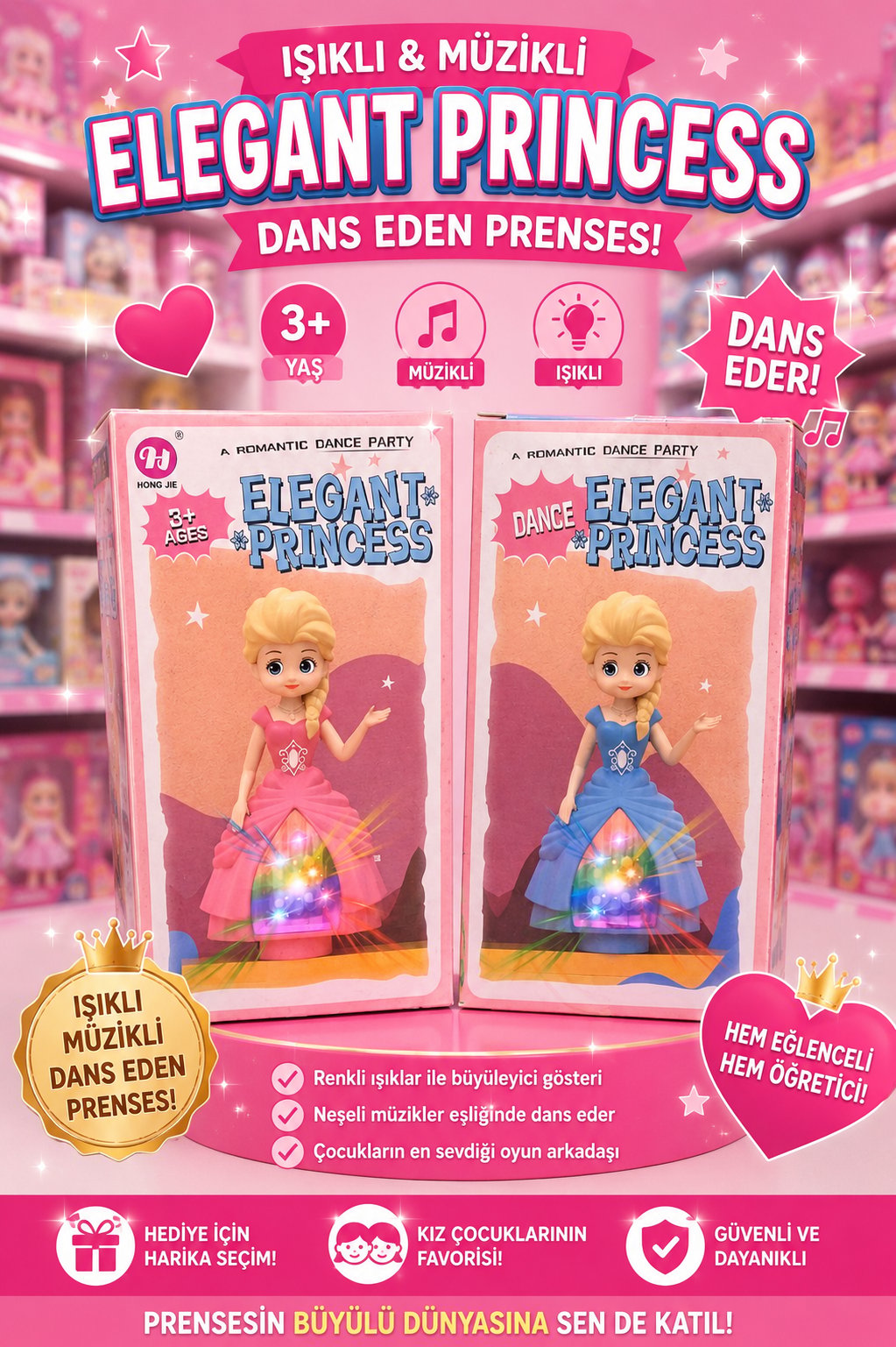 Elegant Princess Işıklı Müzikli Dans Eden Prenses Oyuncak Bebek – Pilli Hareketli 2 Renk Seçeneği (Pembe & Mavi) 3+ Yaş