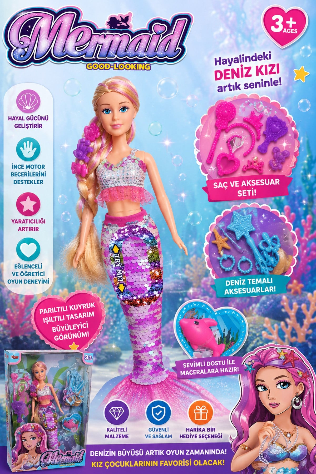 Mermaid Deniz Kızı Oyuncak Bebek Seti Işıltılı Kuyruklu Aksesuarlı