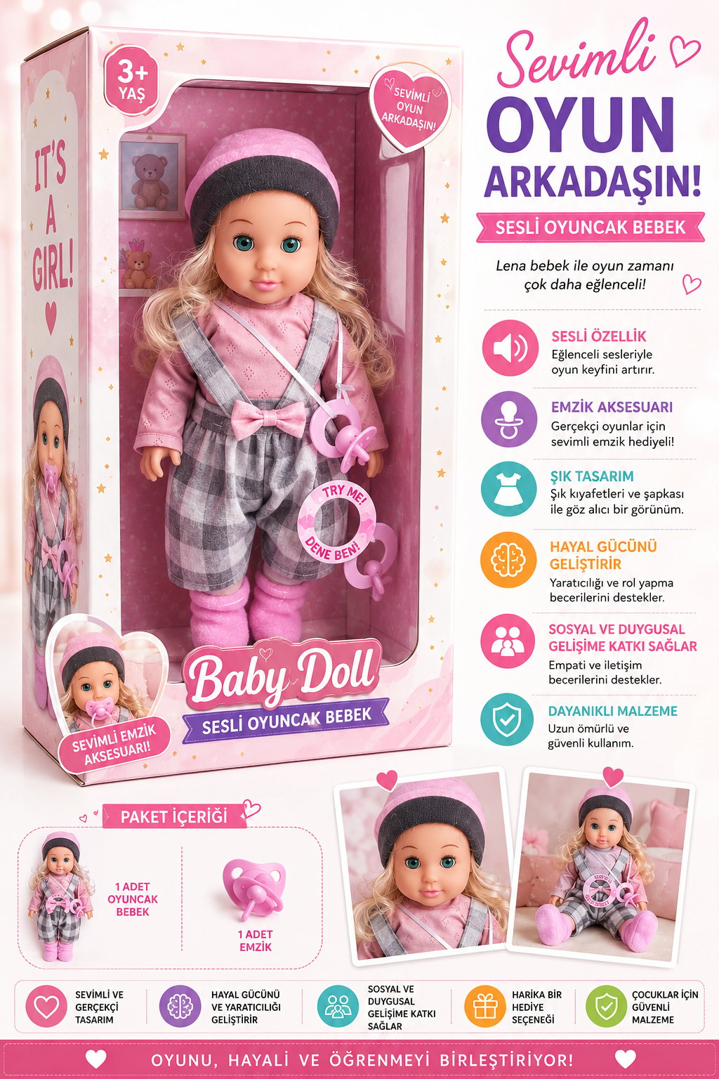 Şapkalı Sesli Oyuncak Bebek – Emzik Aksesuarlı Kız Çocuk Oyuncağı