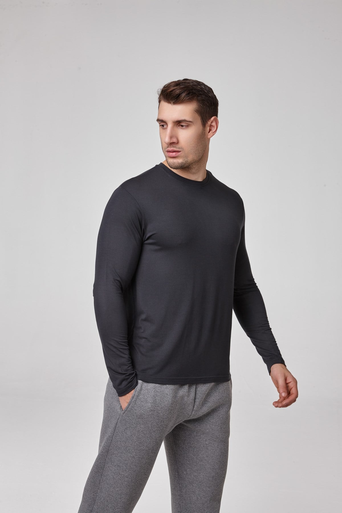 Erkek Uzun Kollu Antrasit Modal T-Shirt – Sıfır Yaka, Esnek, Rahat Kalıp, Basic Model C0T2N61