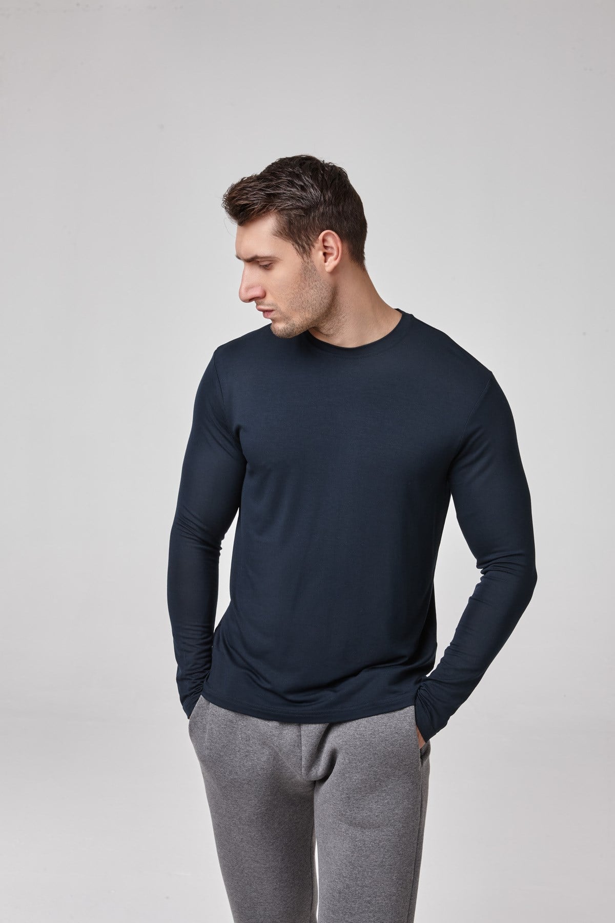 Erkek Uzun Kollu Lacivert Modal T-Shirt – Sıfır Yaka, Esnek, Rahat Kalıp, Basic Model C0T2N61