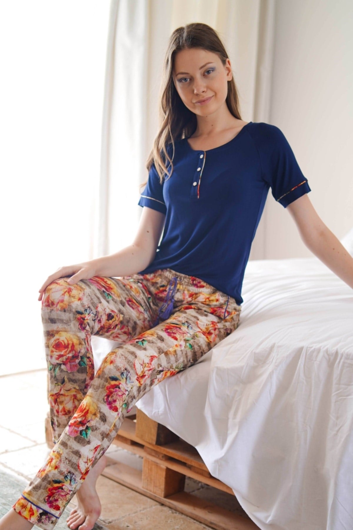 Kadın Lacivert Kısa Kollu Desenli Pijama Takımı 10031