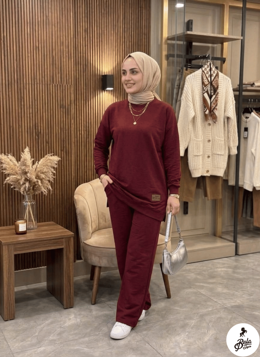 TakımlarBala GiyimBala GiyimBisiklet Yaka Armalı Yırtmaçlı Alt-Üst Takım B1004-Bordo