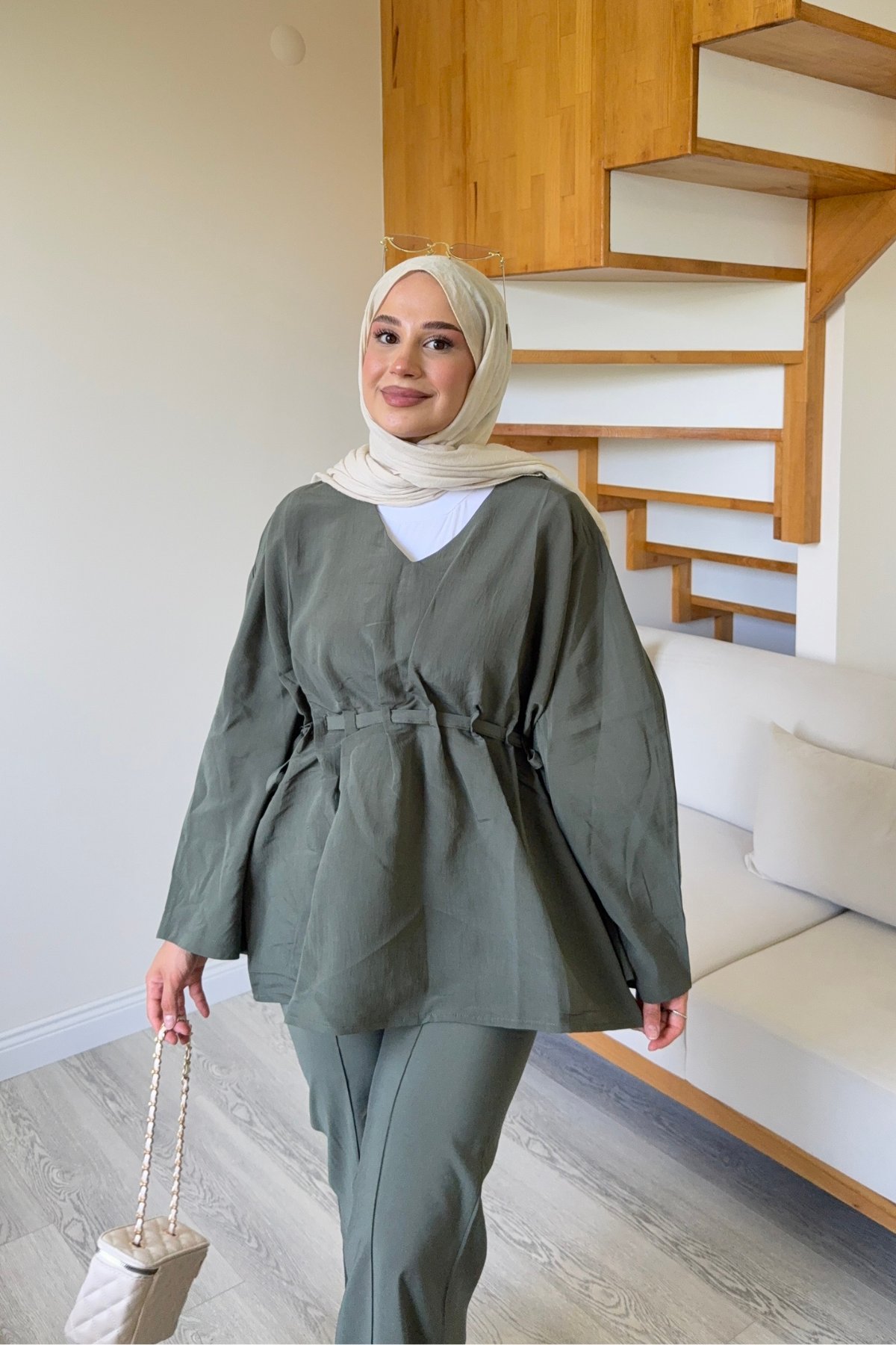 Kadın Belden Büzgülü Rahat Pantolonlu Takım