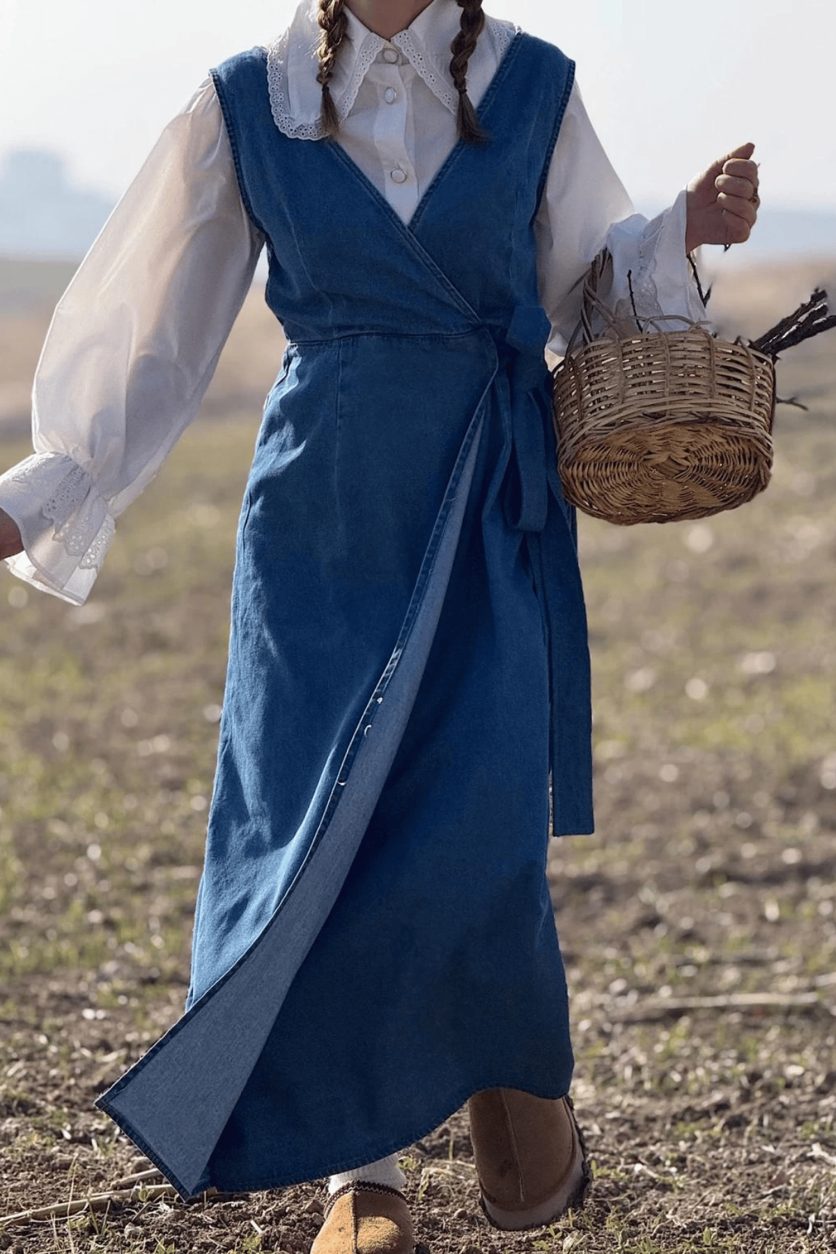 Kadın Kalın Askılı Yandan Bağlamalı Denim Kot Salopet Elbise