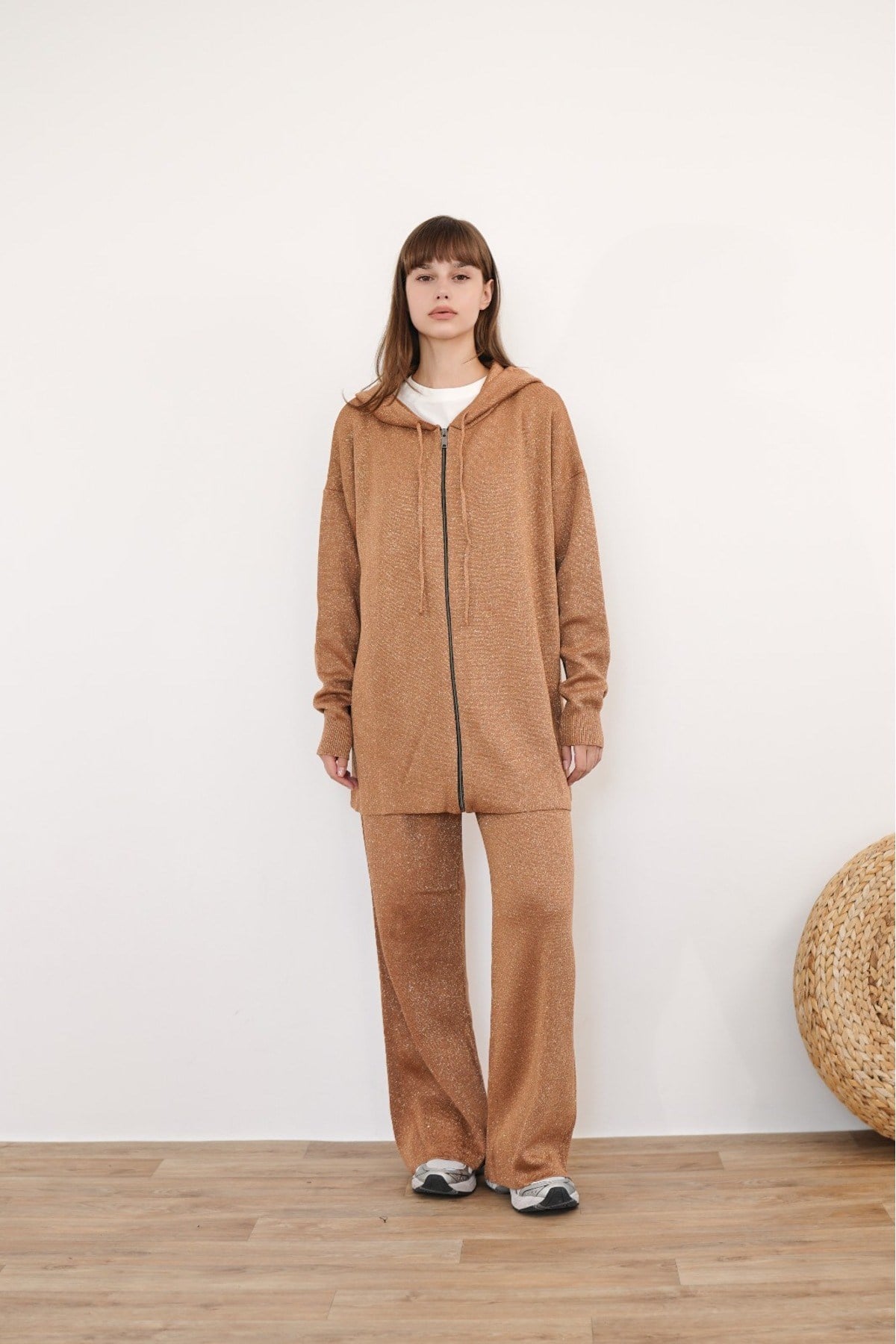 Kadın Simli Merserize Triko Pantolonlu Camel Hırka Takım