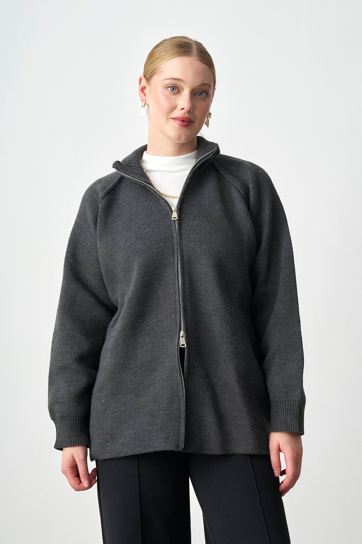 Molly Nelly Kadın Oversize Triko Çift Fermuarlı Hırka