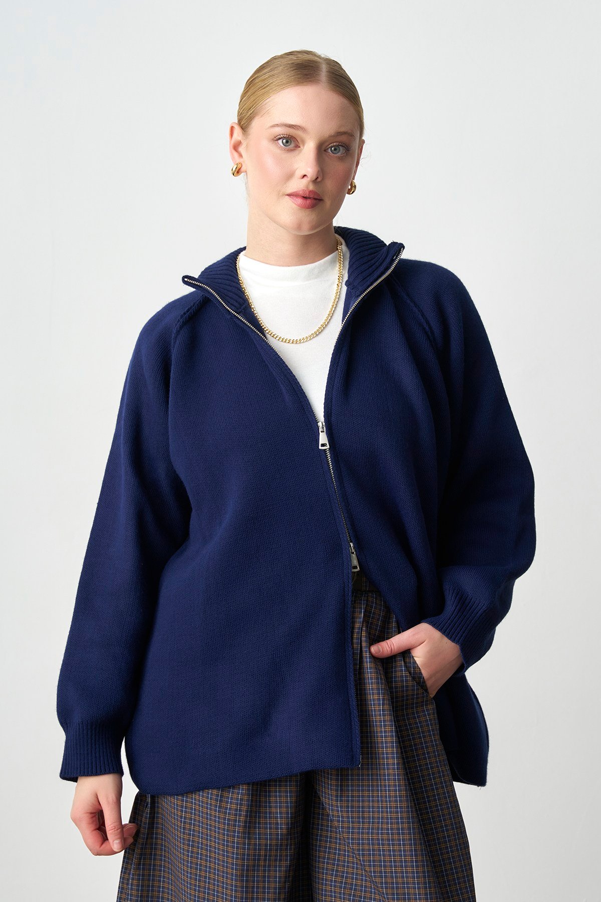 Molly Nelly Kadın Oversize Triko Çift Fermuarlı Hırka