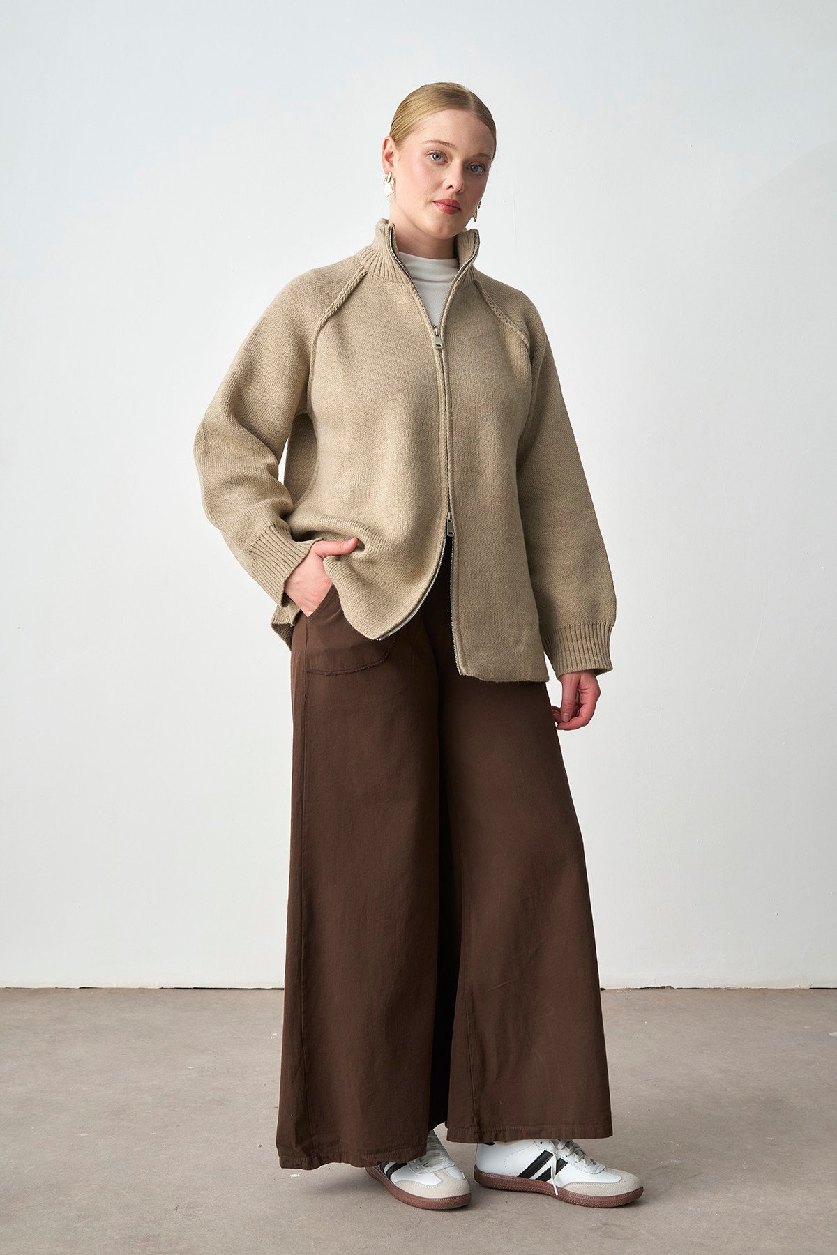 Molly Nelly Kadın Oversize Triko Çift Fermuarlı Hırka
