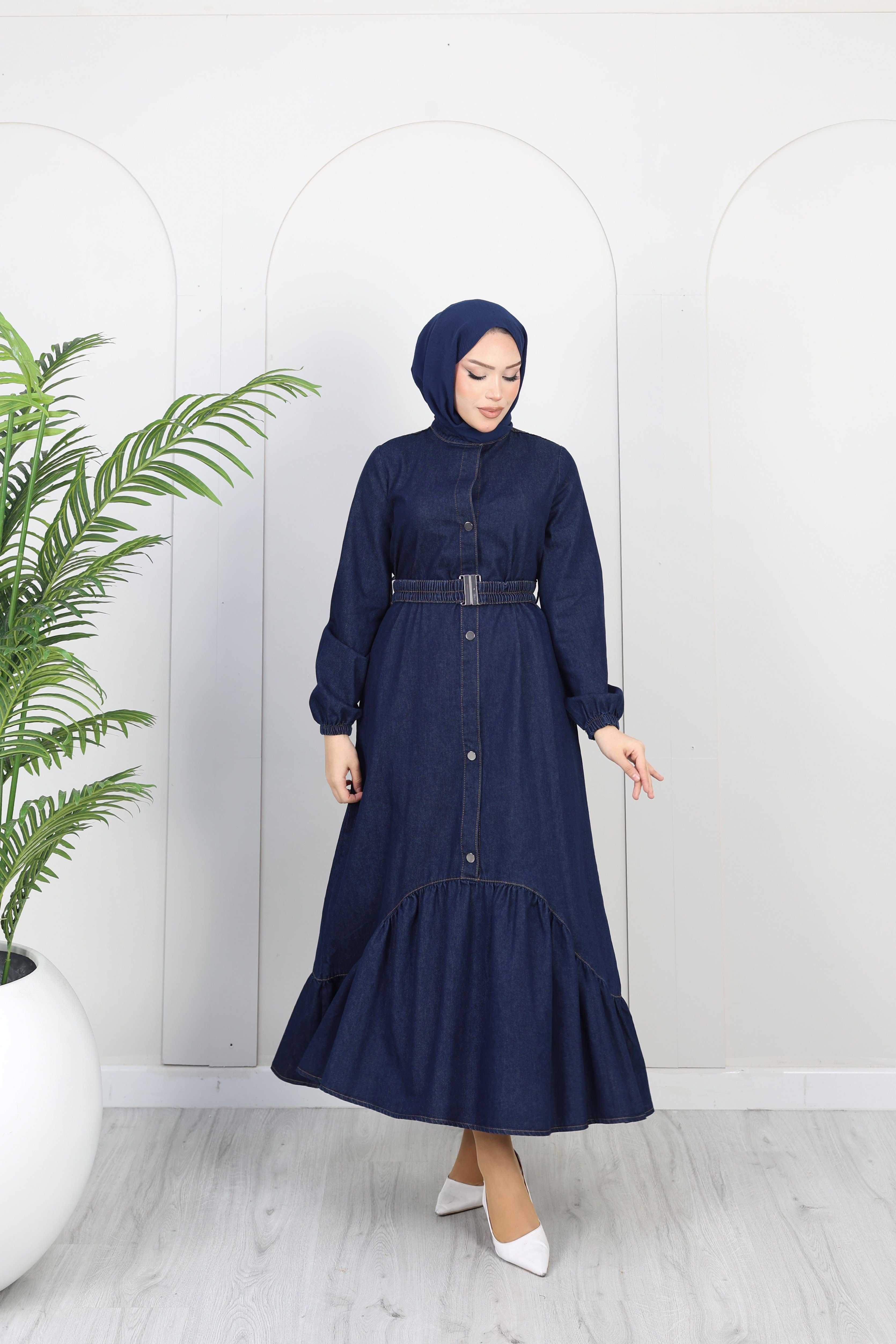 Kadın Kemer Detaylı Denim Kot Elbise | Lacivert