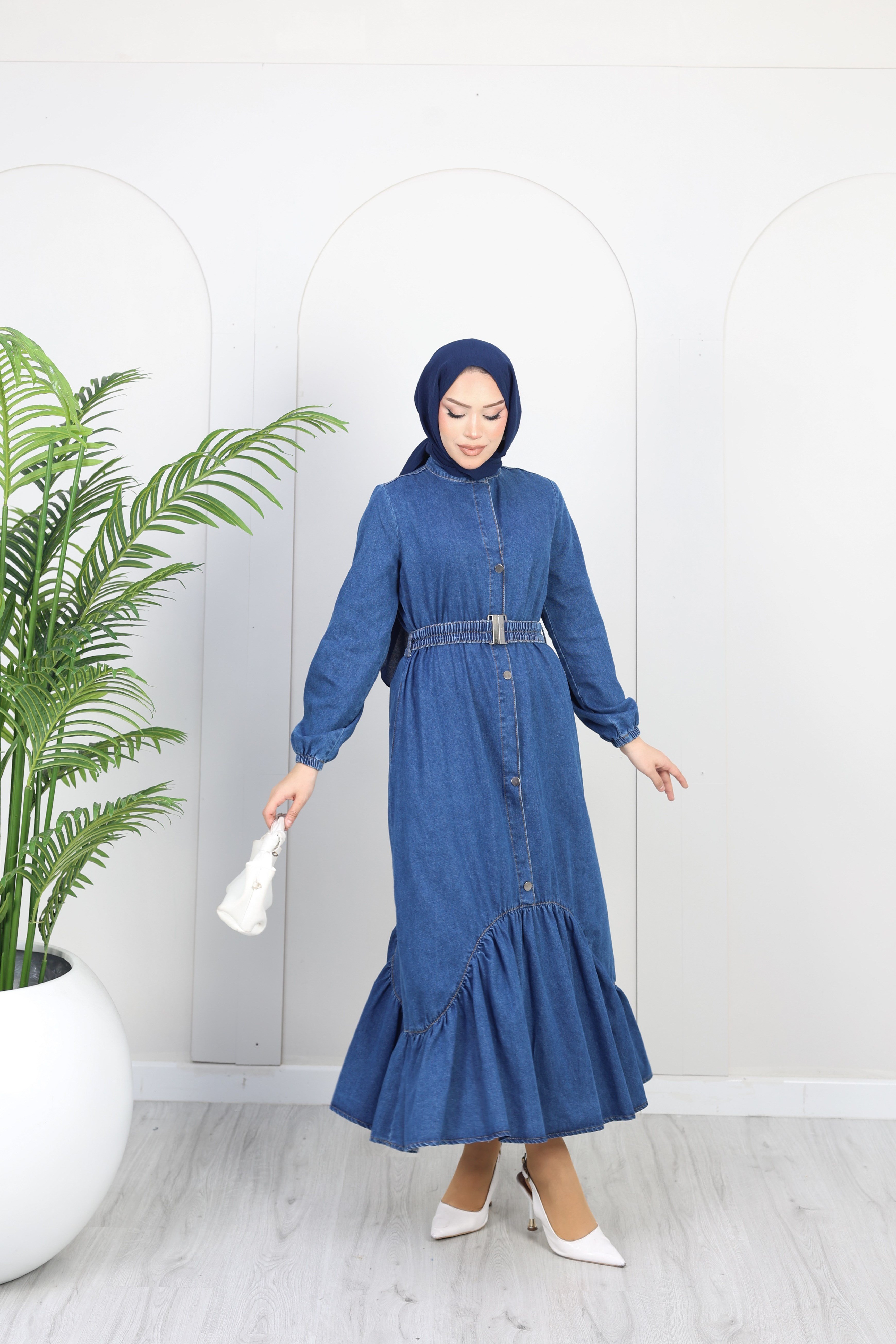 Kadın Kemer Detaylı Denim Kot Elbise | Mavi