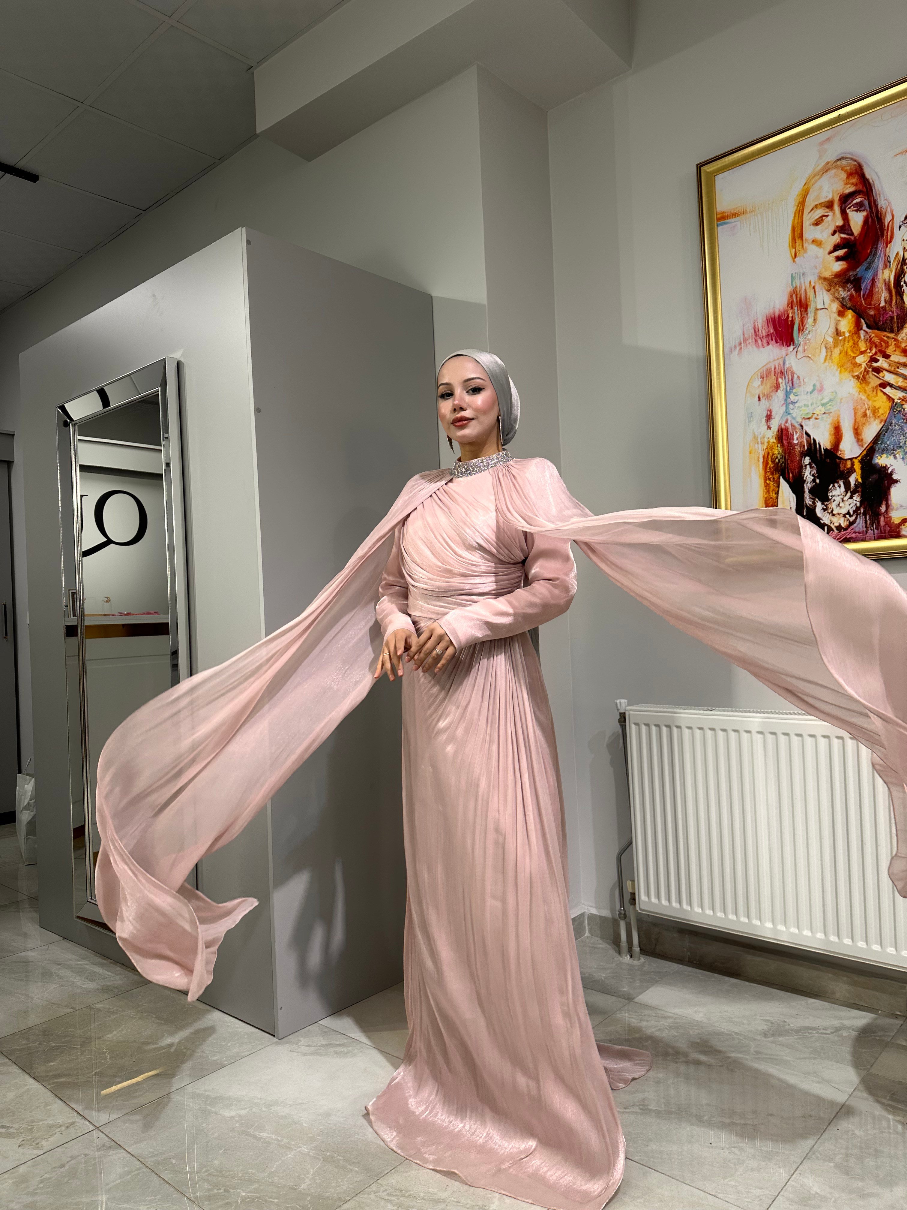 SHENAY Pelerinli Abiye - Pudra Pembe