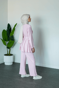 SHENAY Soft Harmony Tesettür İkili Takım V Yaka Kuşaklı 4 Mevsim Rahat Kalıp - Pembe
