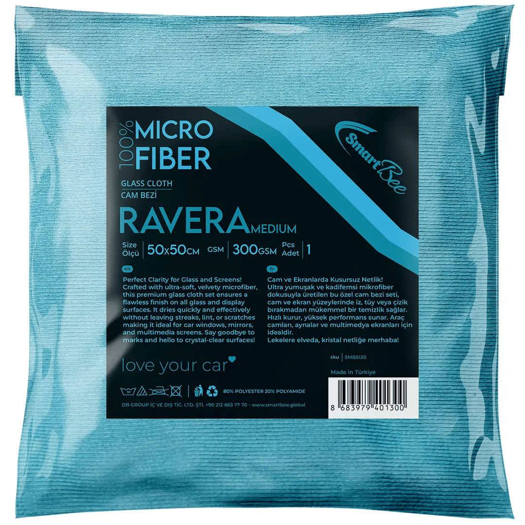 RAVERA Mikrofiber Kalın Oto Cam Bezi 50×50cm 300GSM – Turkuaz 5'li