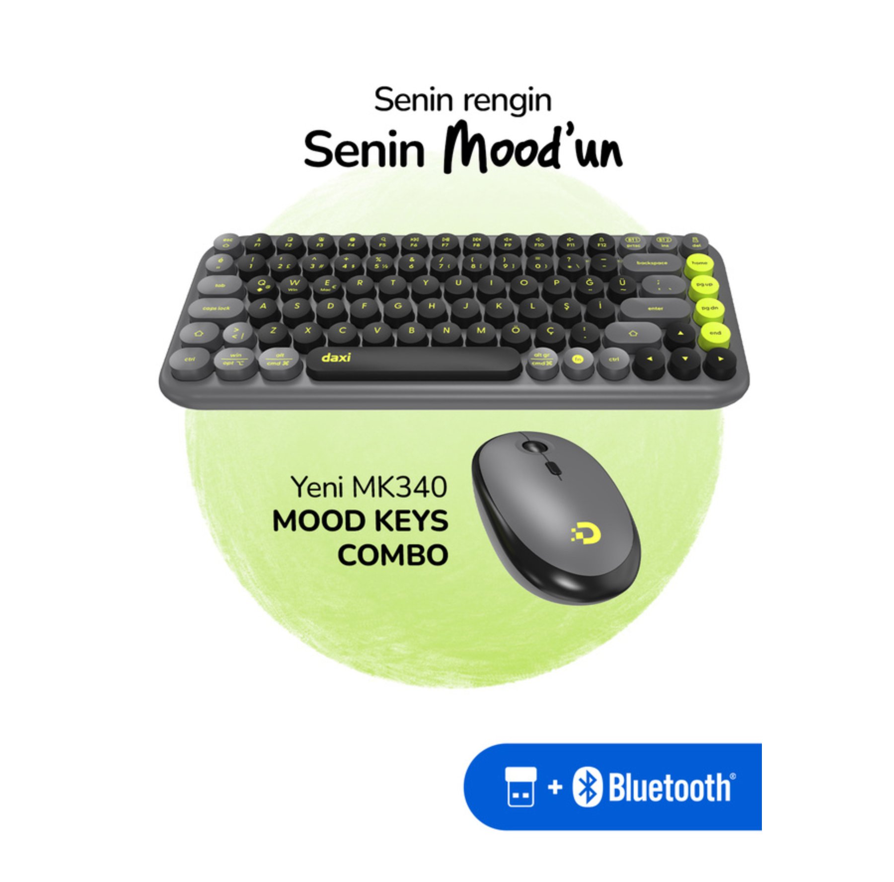 Daxi MK-340 Kablosuz Bluetooth Klavye Yeşil-Gri Retro