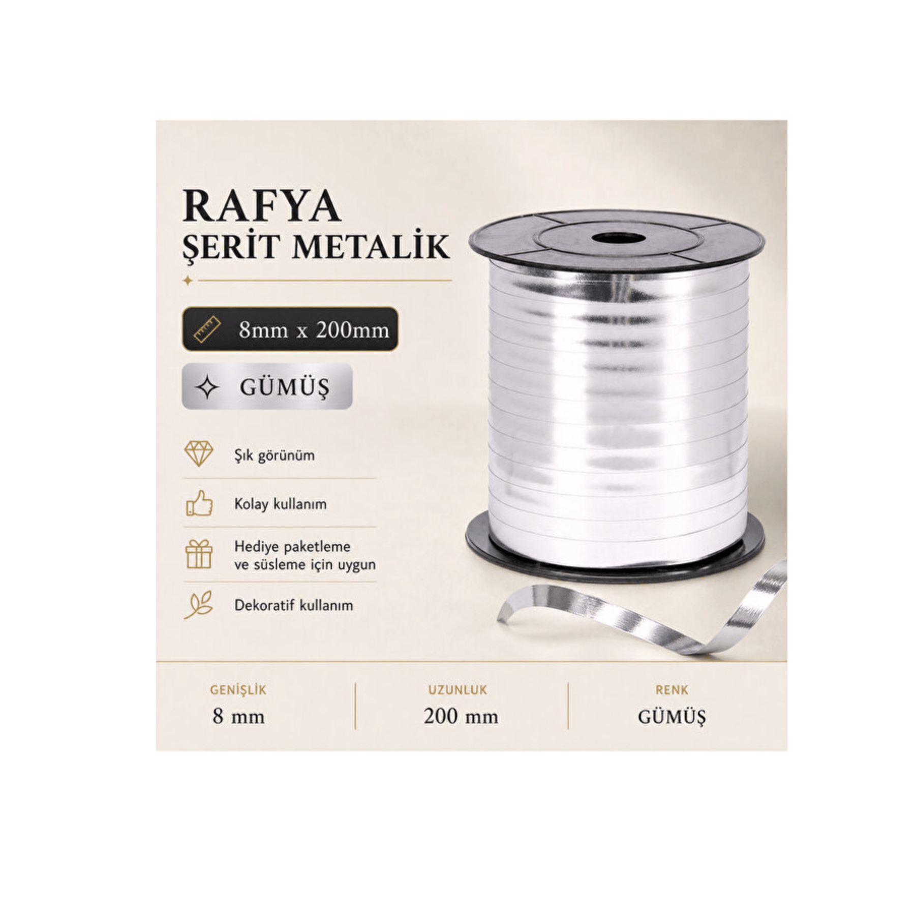 Karma Metalik Rafya 8 mm x 200 m Gümüş  
